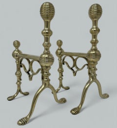 Antique Pair English Country House Victorian Brass Fireplace Fire Dogs Andrions
