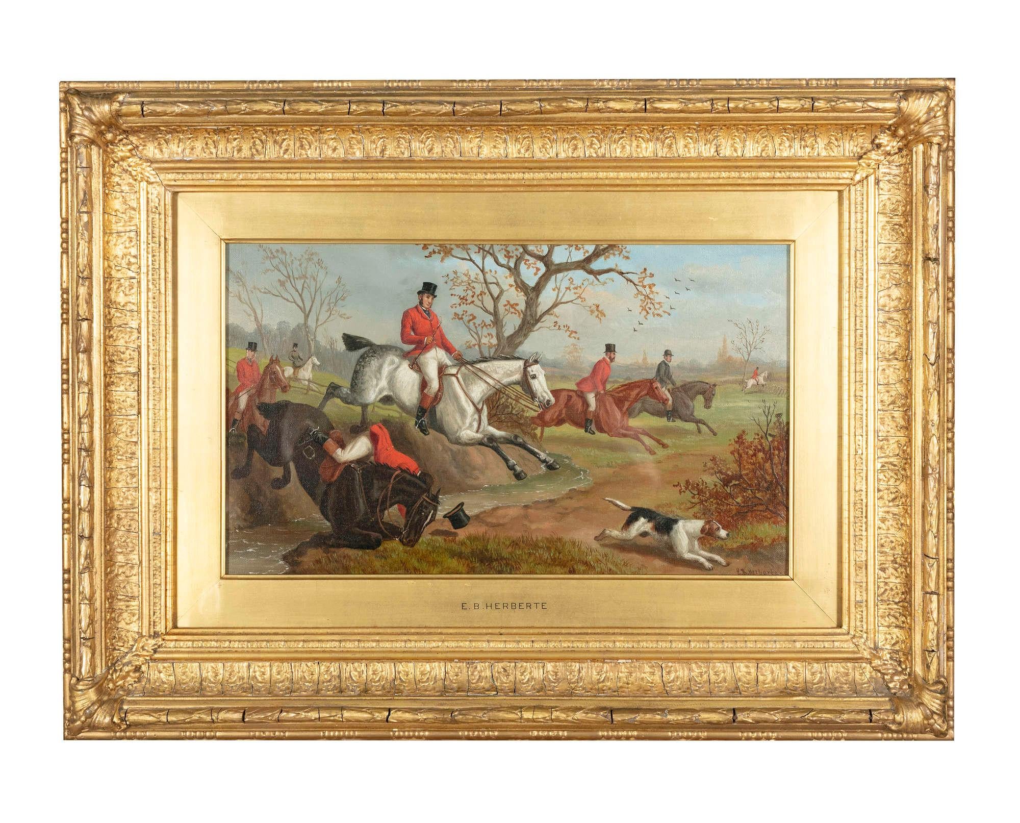 Wonderful Pair of English Landscape Oil Paintings on wood panel complete with their original good giltwood frames, third quarter of the Nineteenth Century.   

Depicting Riders in traditional costume on horseback. Both signed and dated 1883 E. B.