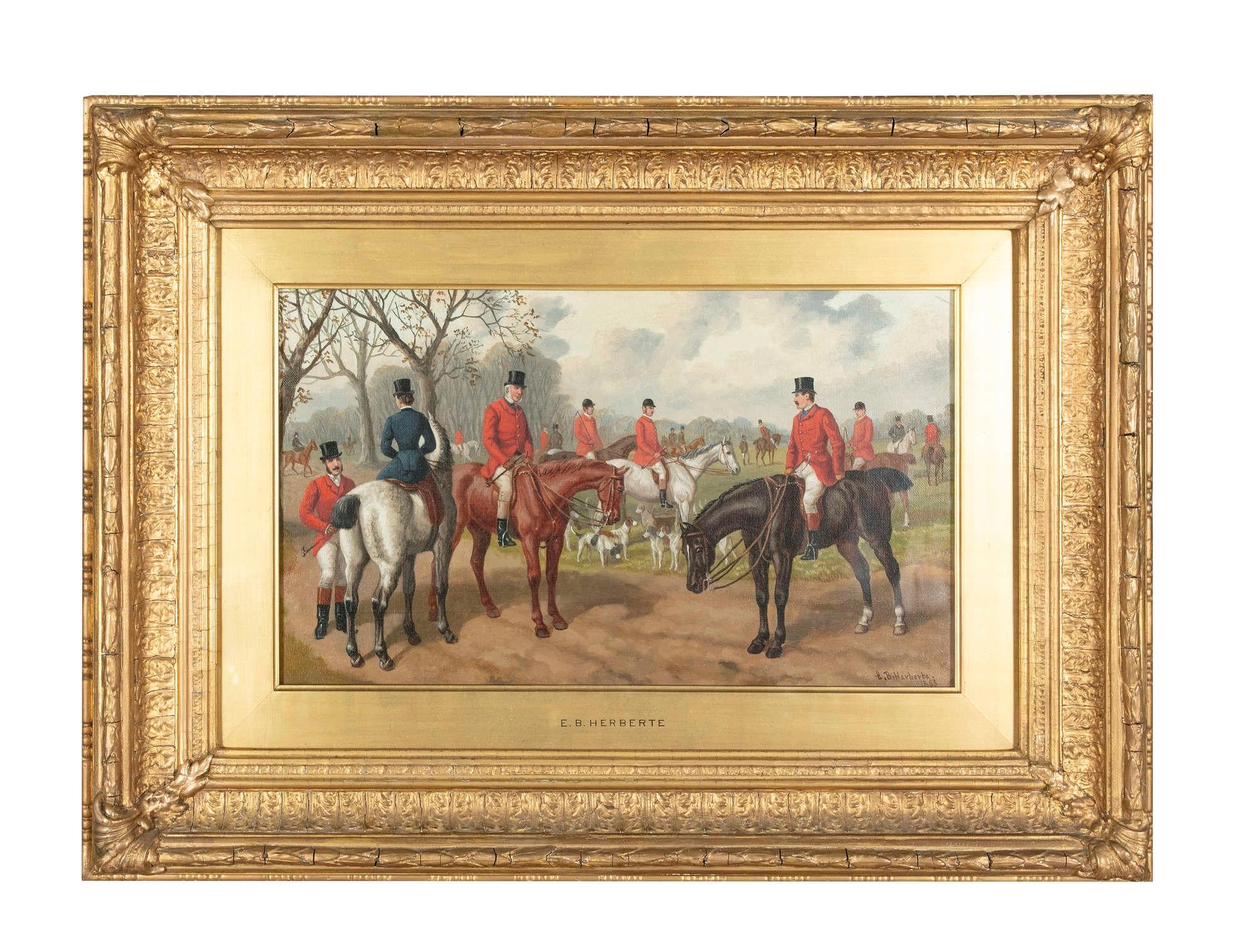 Victorian Antique Pair English Equine Horse Hunting Oil Paintings Edward Benjamin Herberte