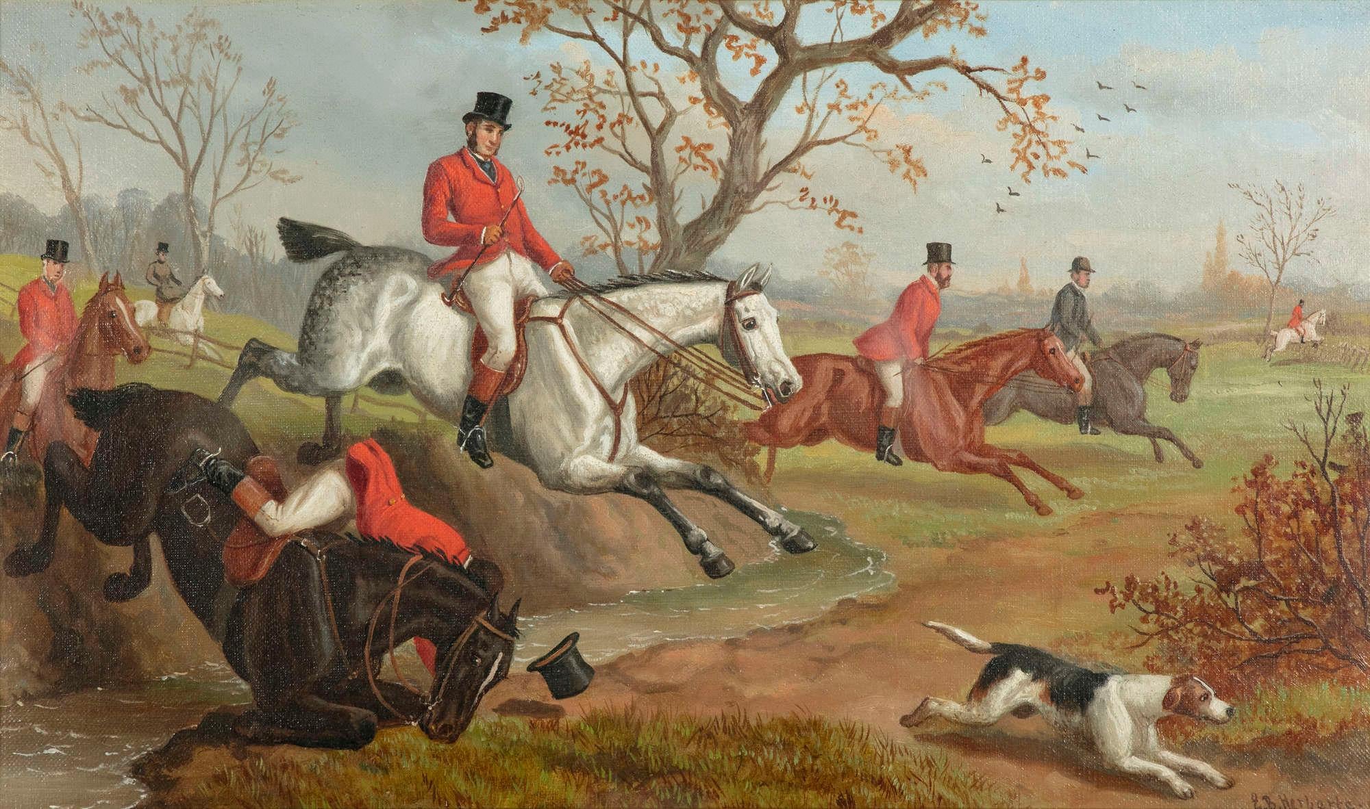 Painted Antique Pair English Equine Horse Hunting Oil Paintings Edward Benjamin Herberte