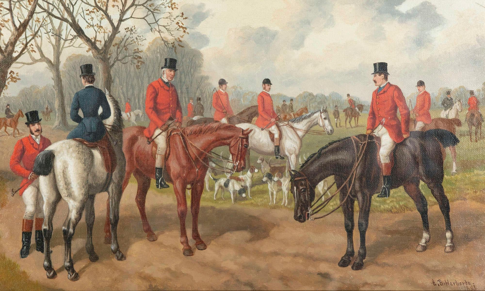 Antique Pair English Equine Horse Hunting Oil Paintings Edward Benjamin Herberte In Good Condition In Dublin, Ireland