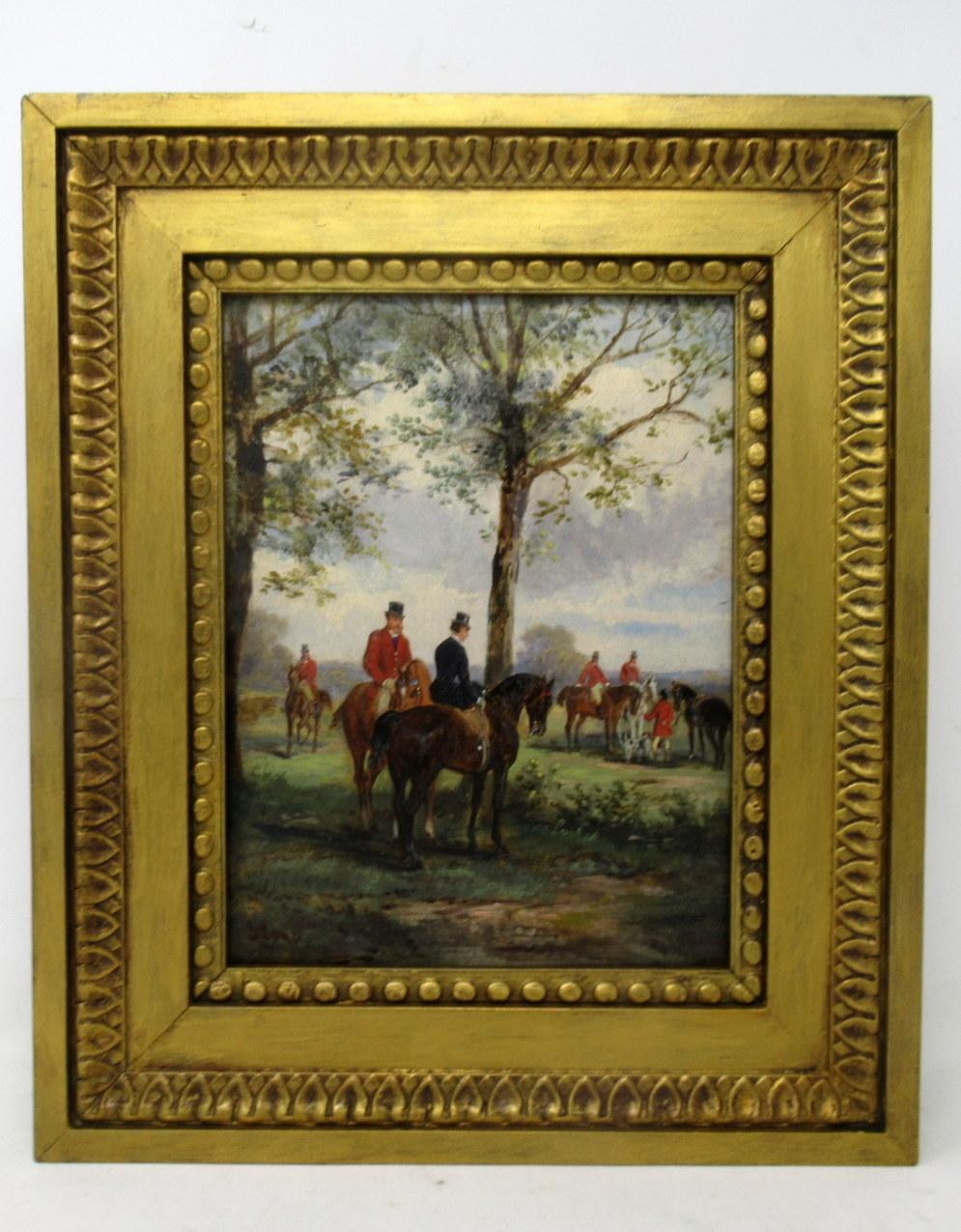 Wonderful pair of English landscape oil paintings on wood panel complete with their original good giltwood frames, third quarter of the nineteenth century. 

Depicting male and female Riders in traditional costume on horseback. Both signed lower R