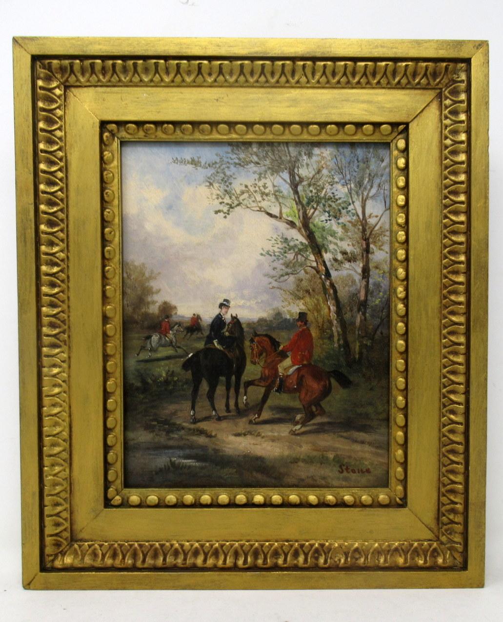 Victorian Antique Pair English Equine Horse Hunting Oil Paintings Robert Stone Gilt Frames