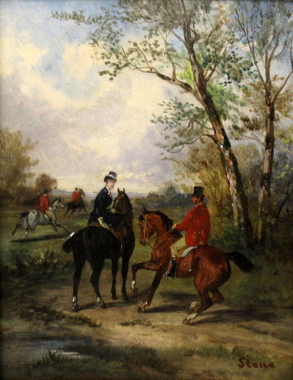 Painted Antique Pair English Equine Horse Hunting Oil Paintings Robert Stone Gilt Frames