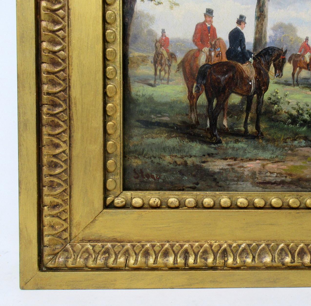 19th Century Antique Pair English Equine Horse Hunting Oil Paintings Robert Stone Gilt Frames