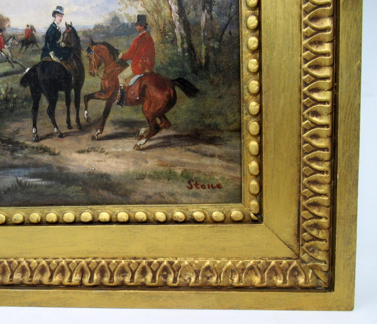 Canvas Antique Pair English Equine Horse Hunting Oil Paintings Robert Stone Gilt Frames