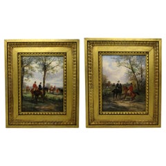 Antique Pair English Equine Horse Hunting Oil Paintings Robert Stone Gilt Frames