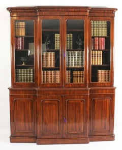 Antique Pair English Flame Mahogany Library Breakfront Bookcases 19th Century