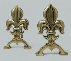Antique Pair English Fleur de Lis Victorian Brass Fireplace Fire Dogs Andrions