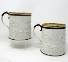 Antique Pair English Georgian Stoneware Davenport Tankards Mugs Equine Hunting