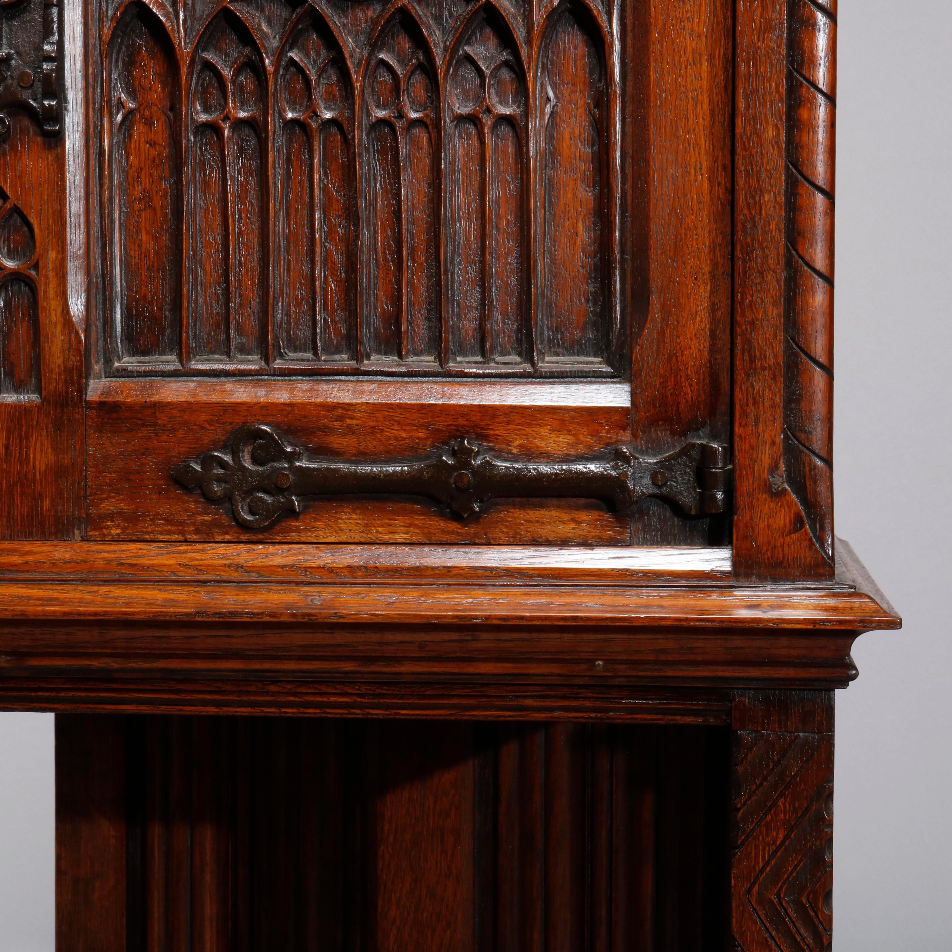 Antique Pair of English Gothic Revival Carved Oak Side Cabinets, circa 1890 6