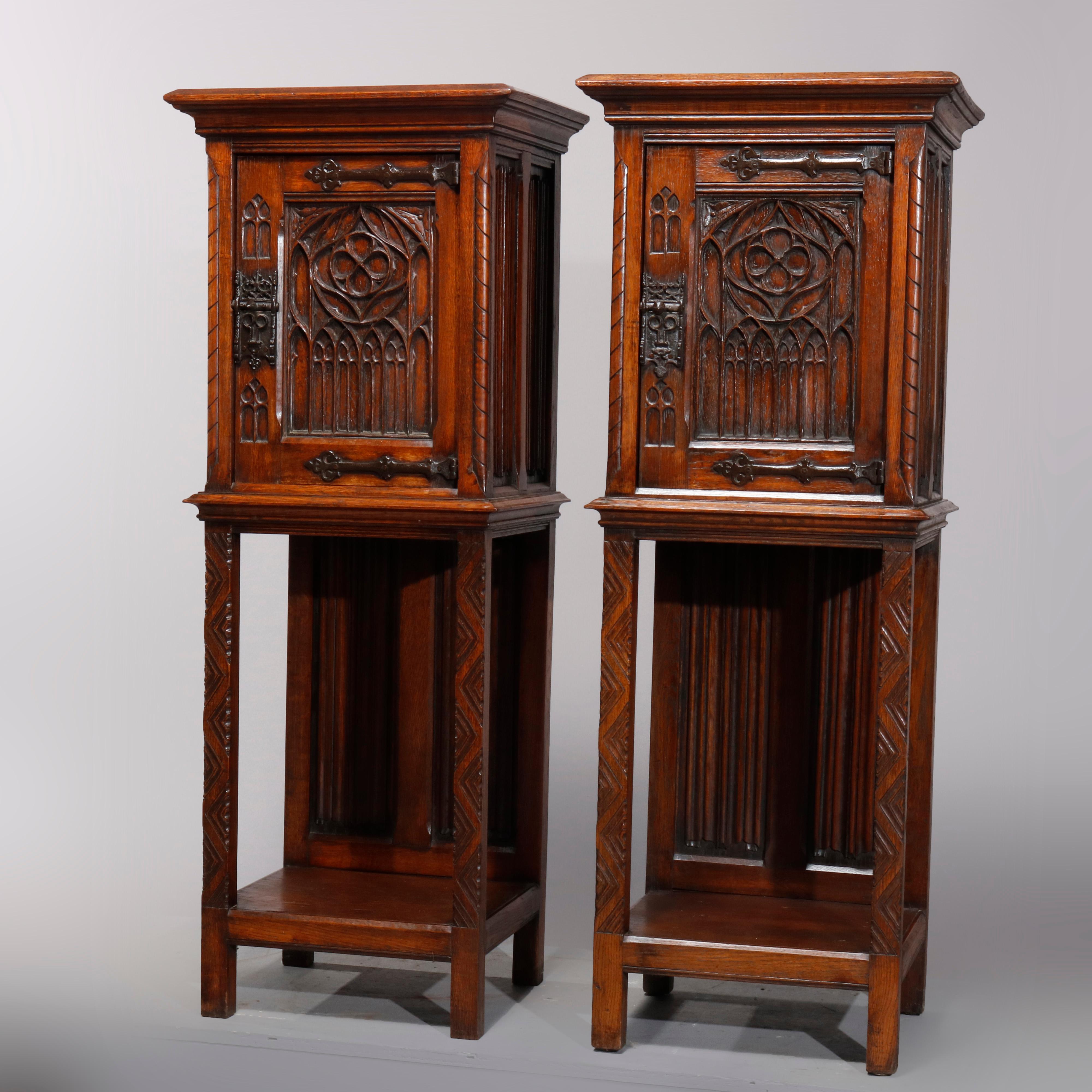 19th Century Antique Pair of English Gothic Revival Carved Oak Side Cabinets, circa 1890