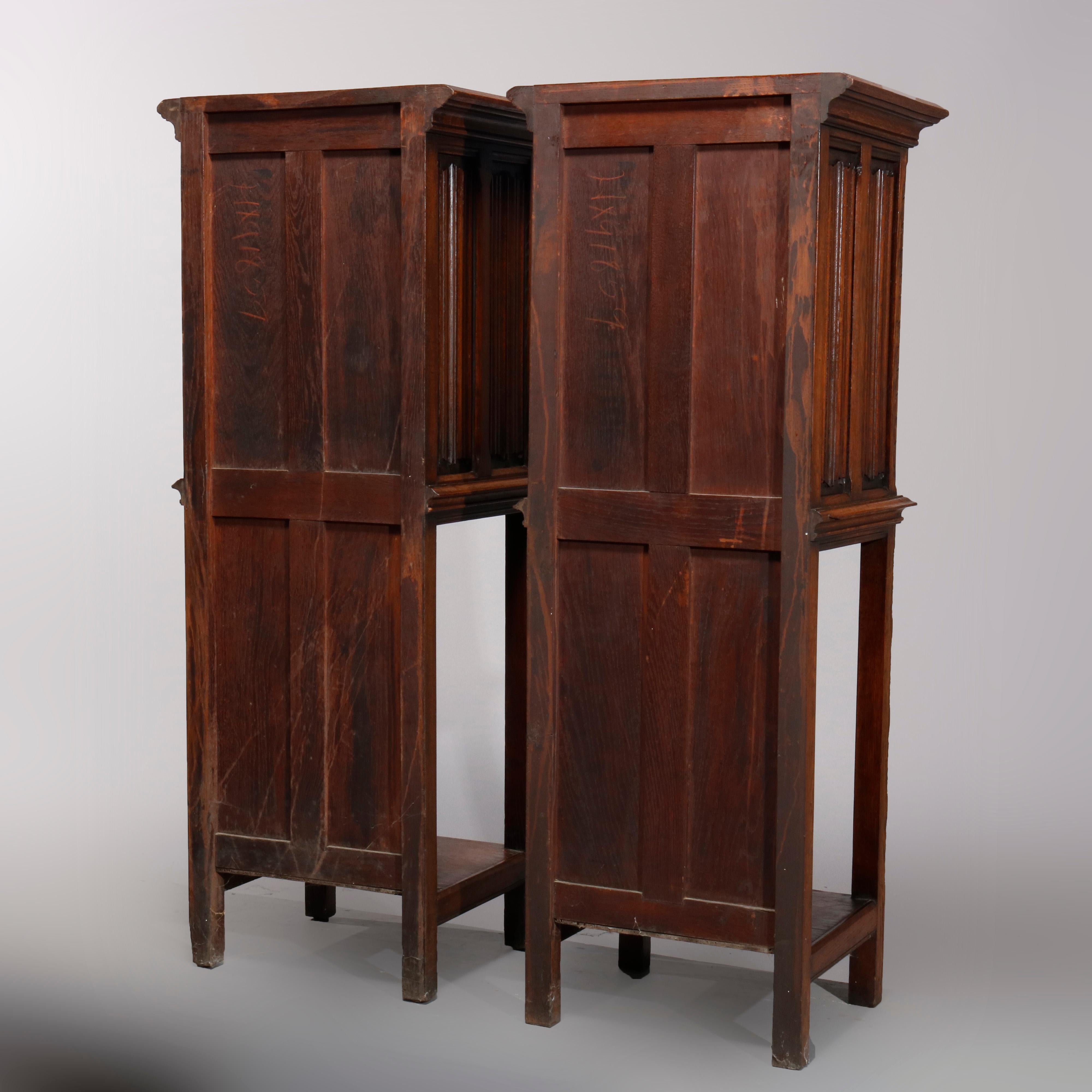 Antique Pair of English Gothic Revival Carved Oak Side Cabinets, circa 1890 2