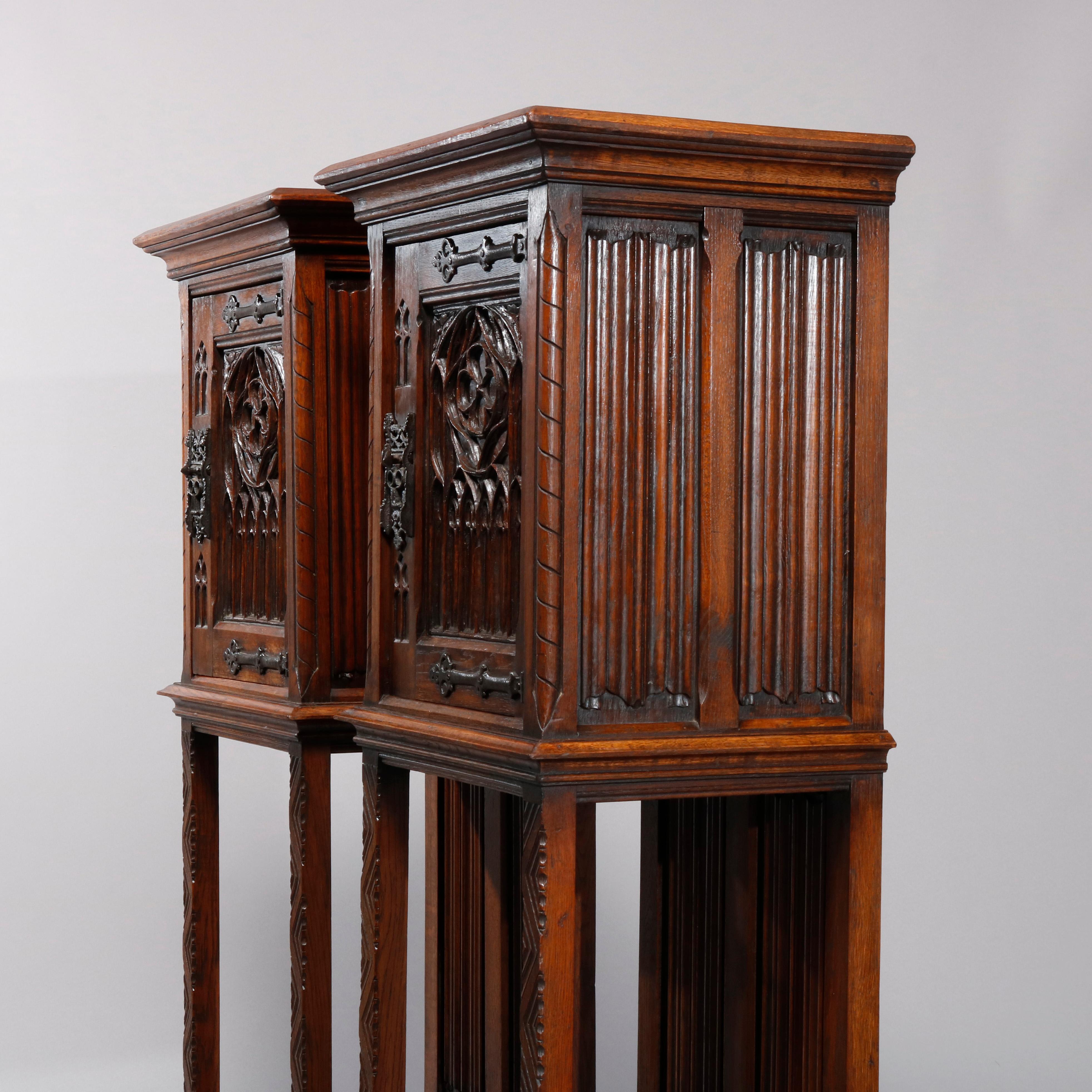 Antique Pair of English Gothic Revival Carved Oak Side Cabinets, circa 1890 4