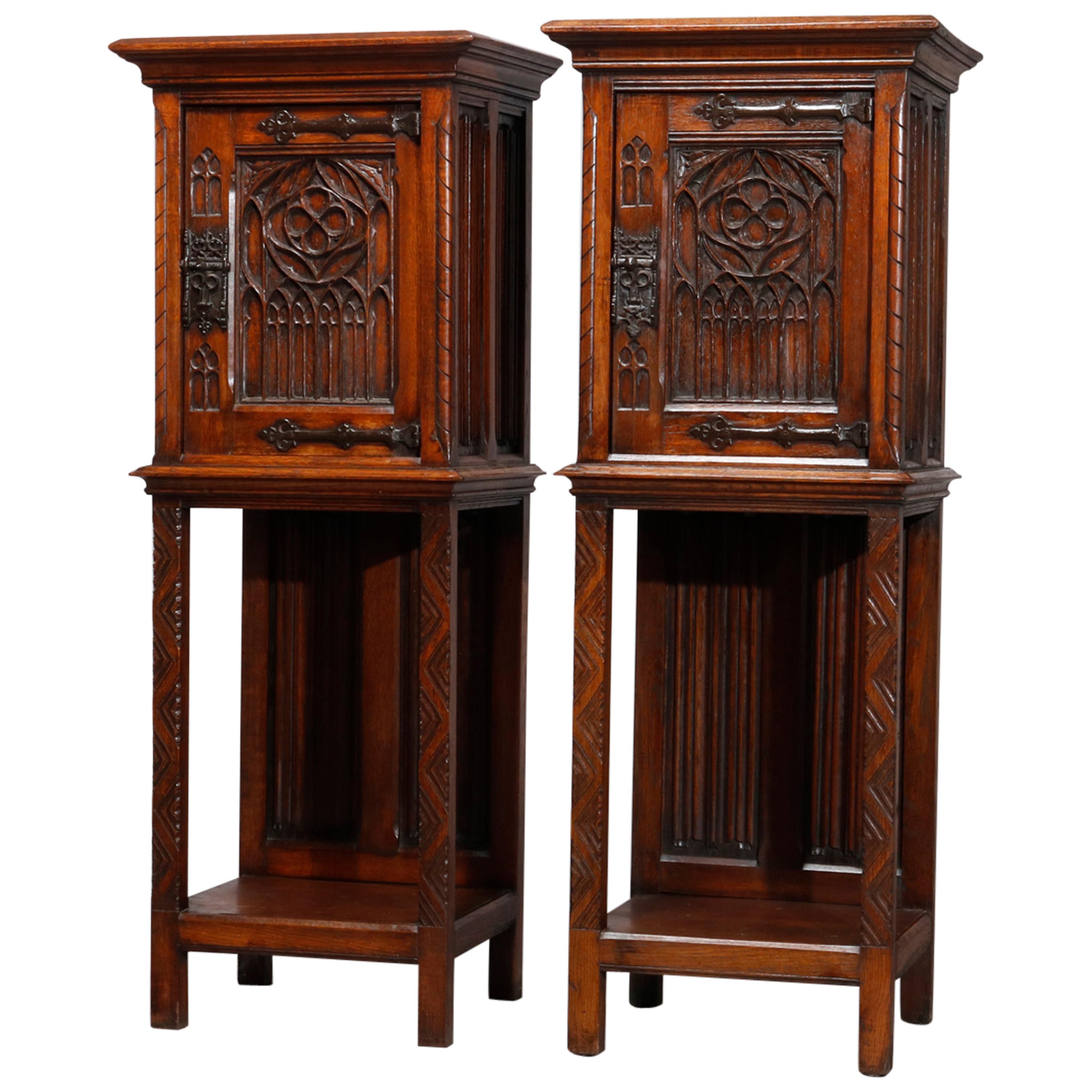 Antique Pair of English Gothic Revival Carved Oak Side Cabinets, circa 1890