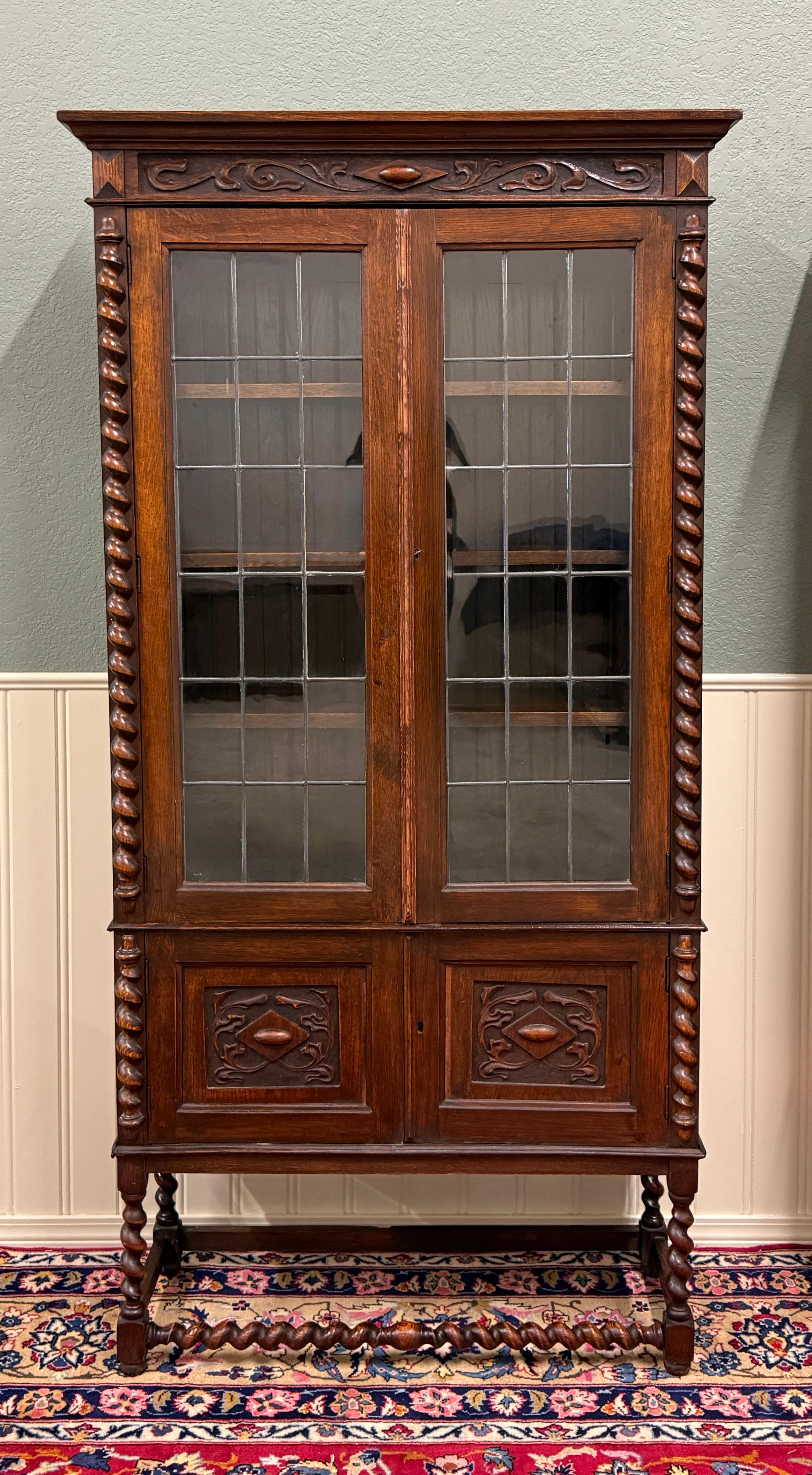 Antiguo PAR Librerías Jacobeas Inglesas Estanterías Gabinetes Cristal Plomizo Roble en venta 5