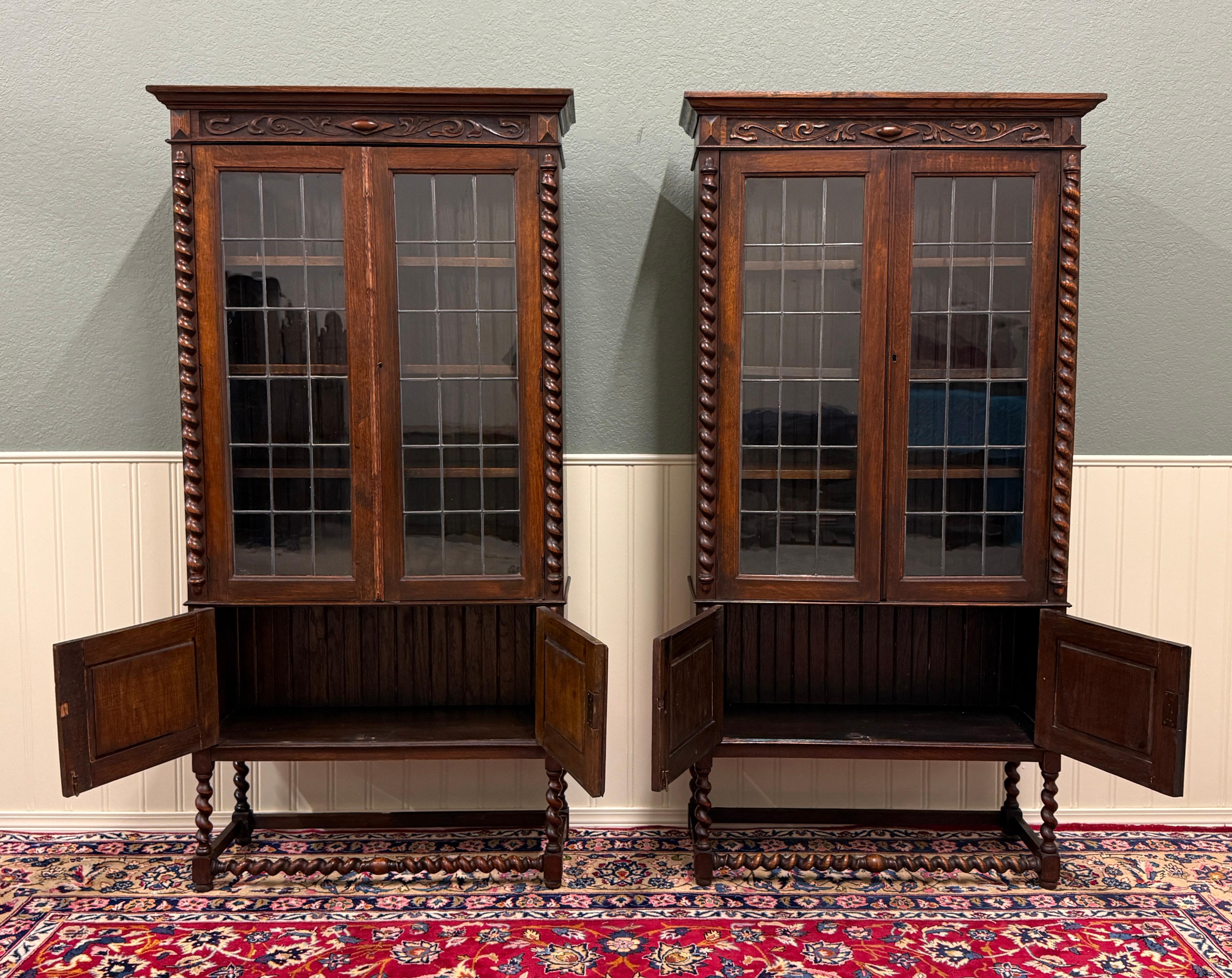 Antiguo PAR Librerías Jacobeas Inglesas Estanterías Gabinetes Cristal Plomizo Roble en venta 7