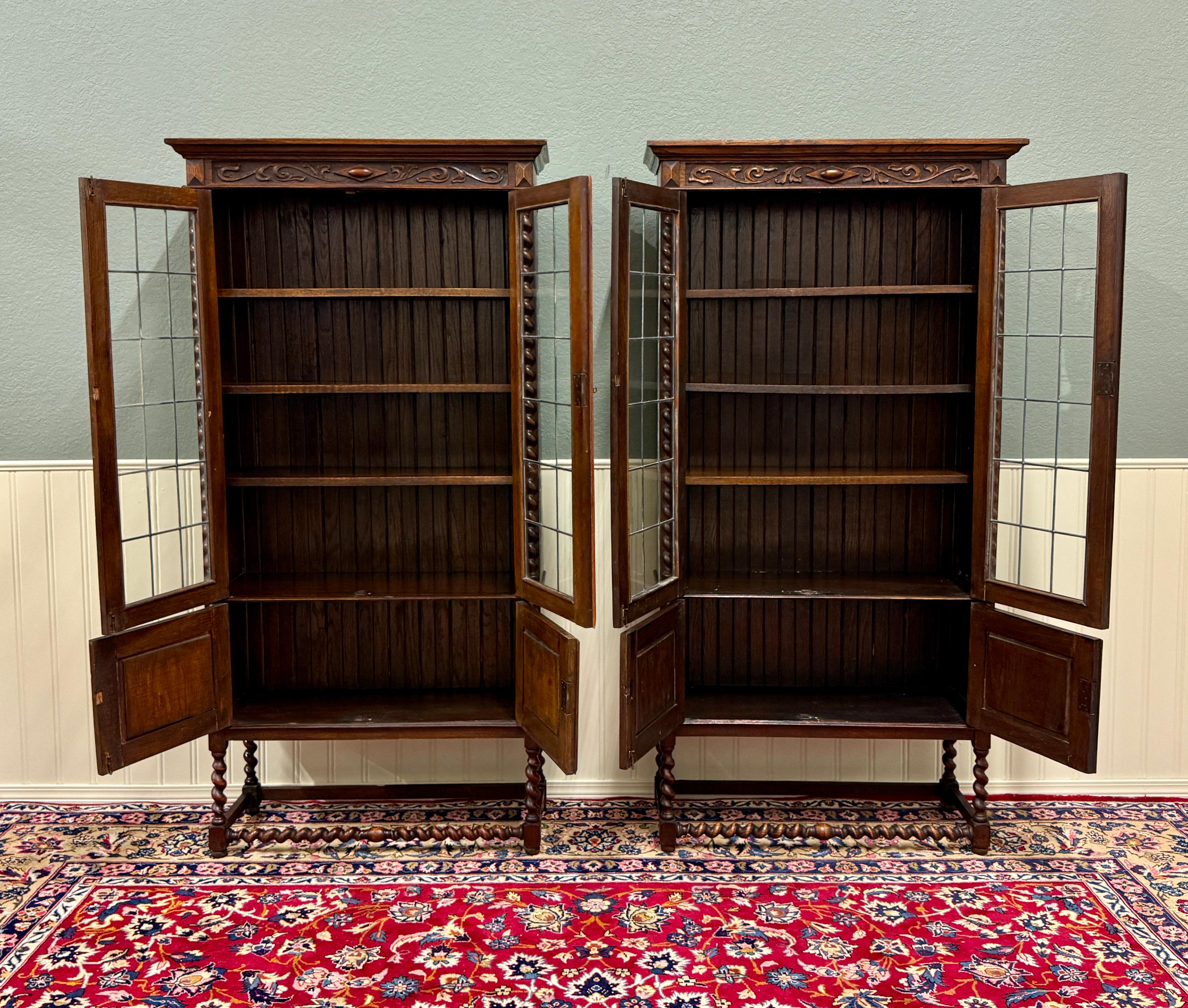 Antiguo PAR Librerías Jacobeas Inglesas Estanterías Gabinetes Cristal Plomizo Roble en venta 8