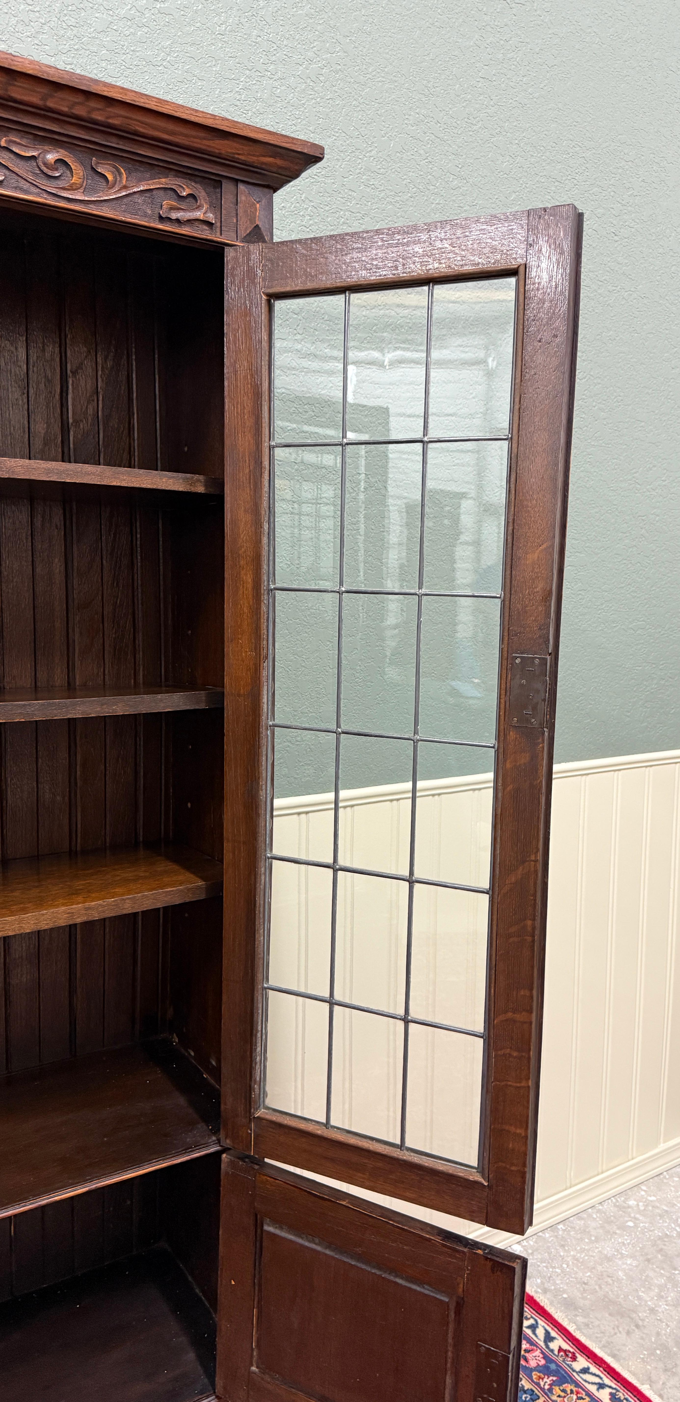Antiguo PAR Librerías Jacobeas Inglesas Estanterías Gabinetes Cristal Plomizo Roble en venta 9