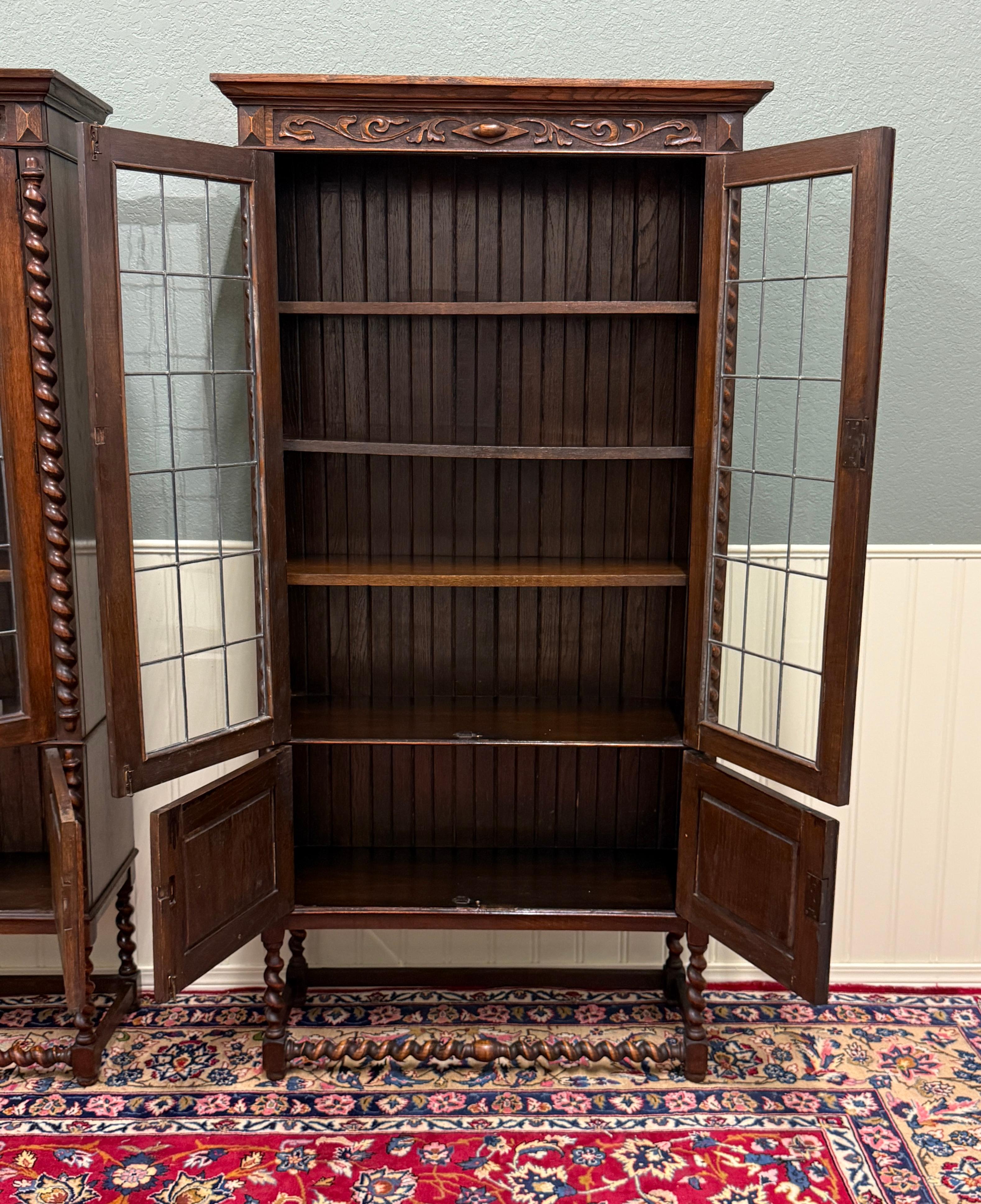 Antiguo PAR Librerías Jacobeas Inglesas Estanterías Gabinetes Cristal Plomizo Roble en venta 10