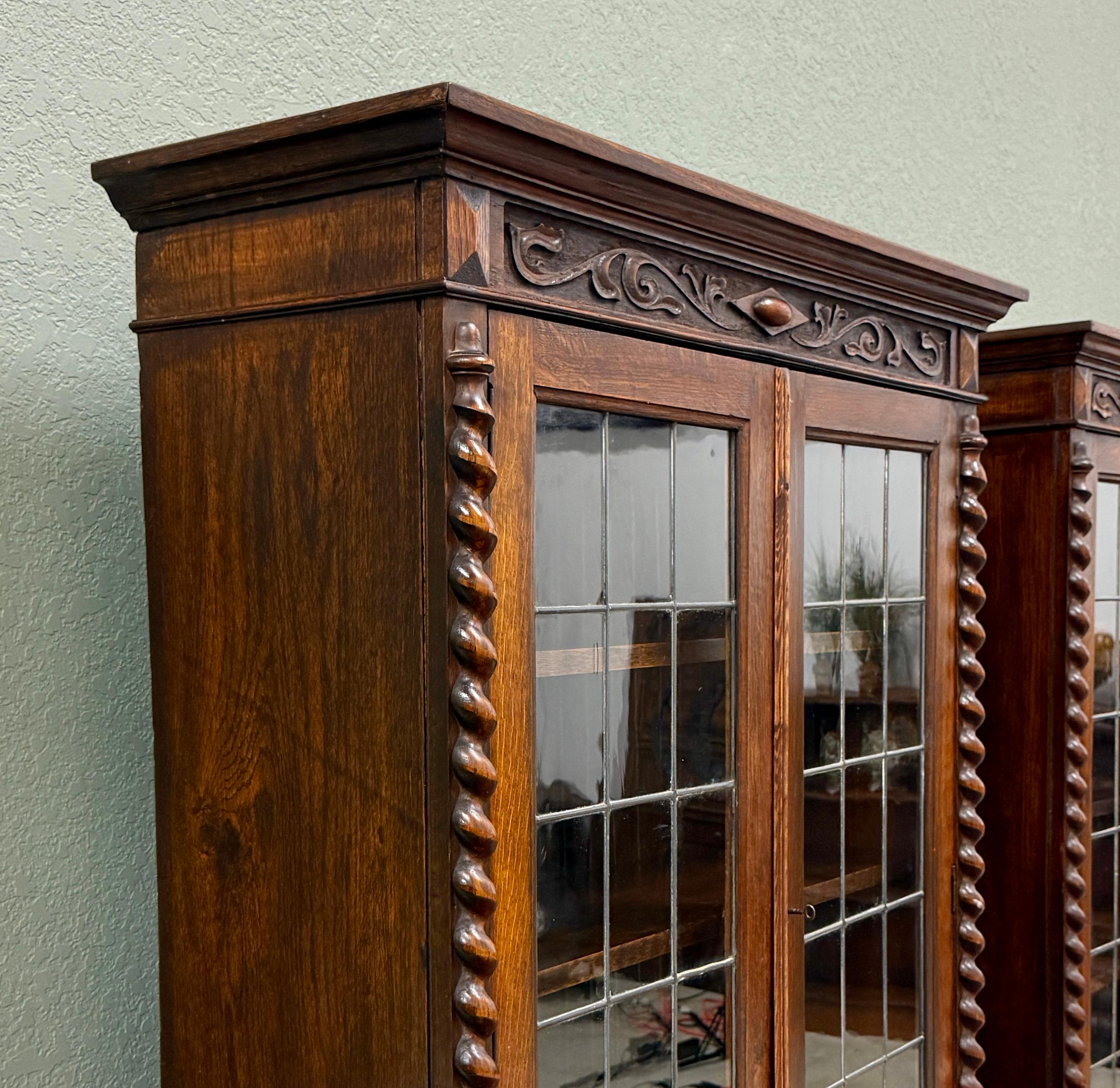 Antiguo PAR Librerías Jacobeas Inglesas Estanterías Gabinetes Cristal Plomizo Roble en venta 13