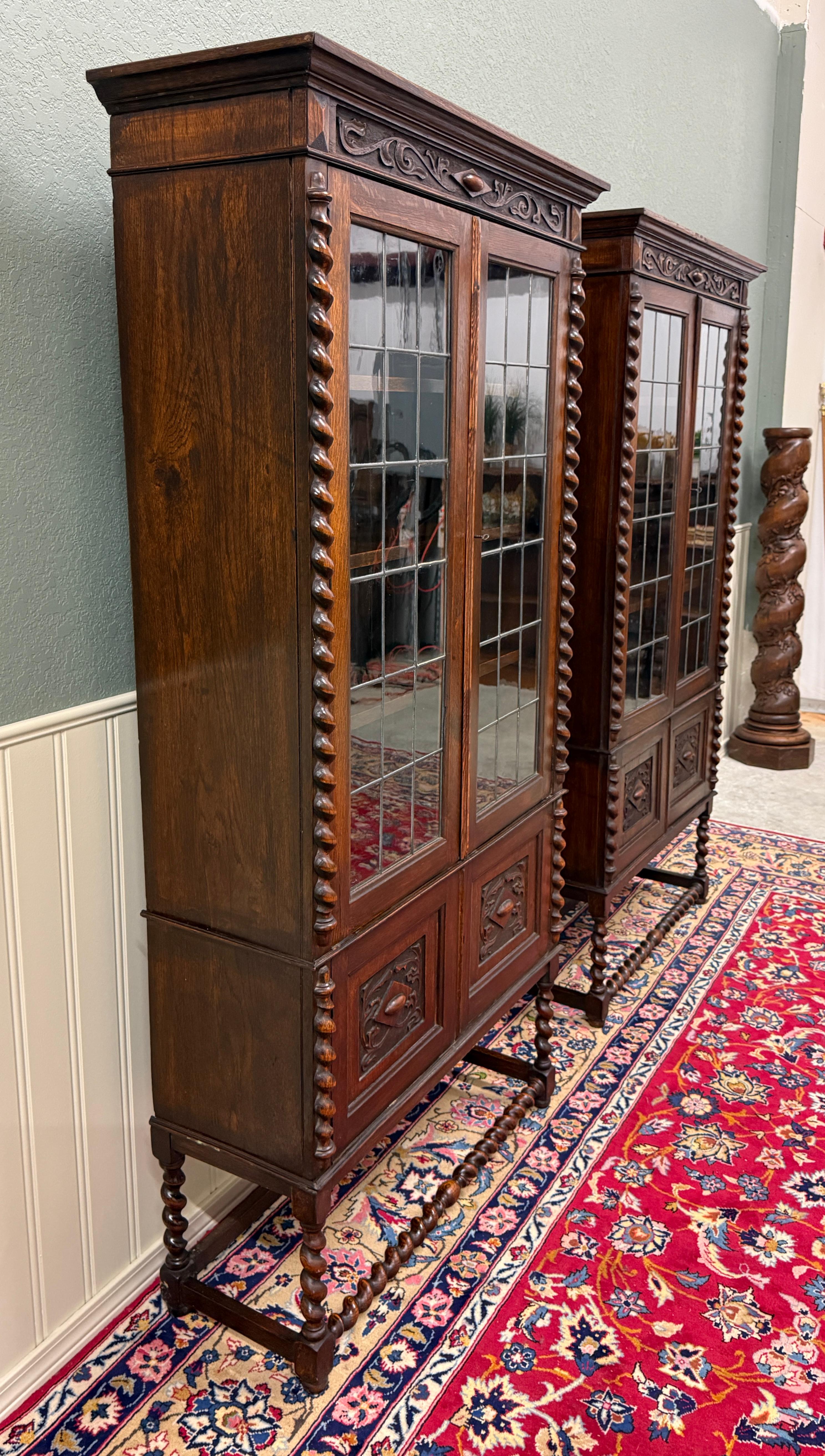 Antiguo PAR Librerías Jacobeas Inglesas Estanterías Gabinetes Cristal Plomizo Roble en venta 2