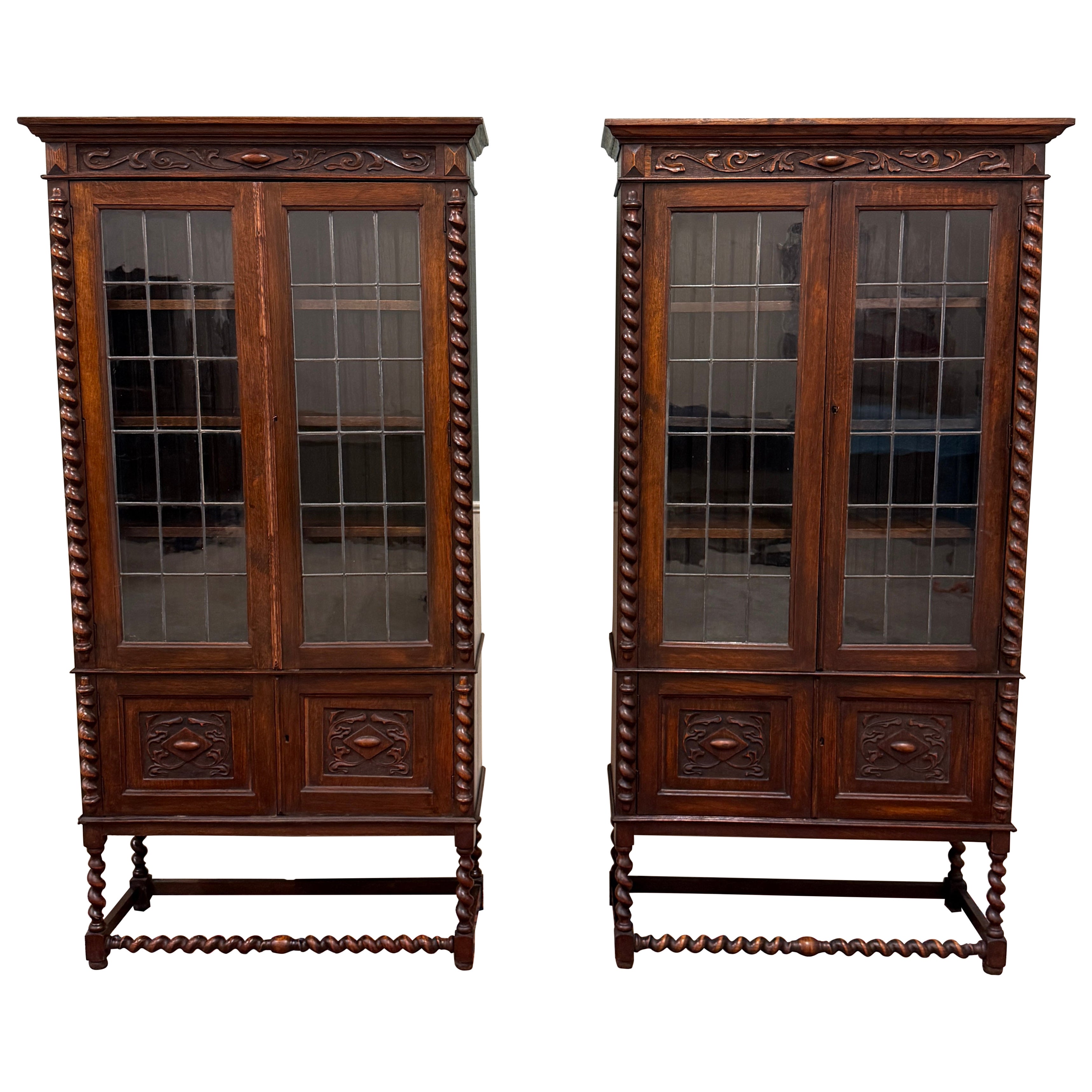 Antiguo PAR Librerías Jacobeas Inglesas Estanterías Gabinetes Cristal Plomizo Roble en venta