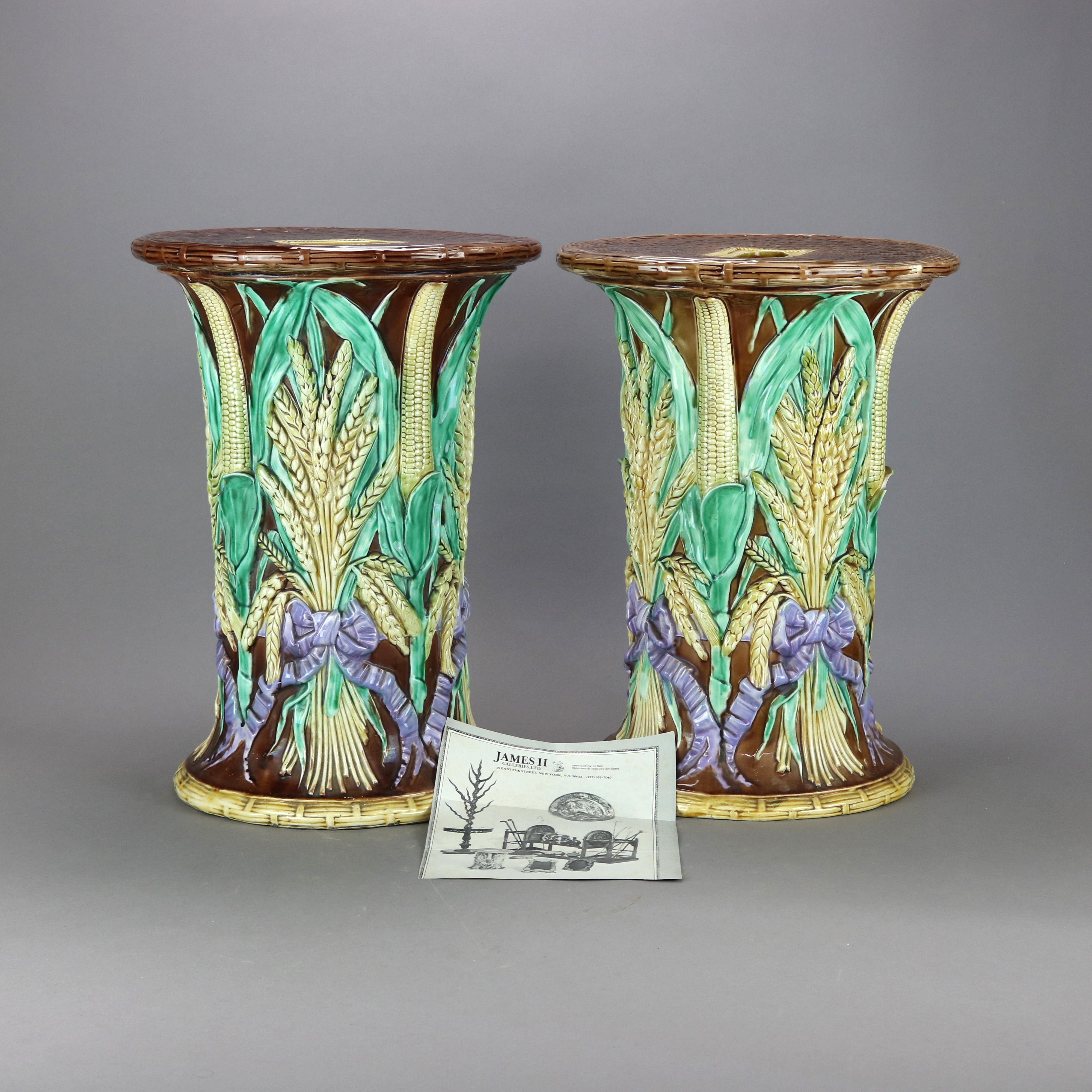 Glazed Antique Pair English Majolica Pottery John Adams Harvest Garden Seats, 19th C