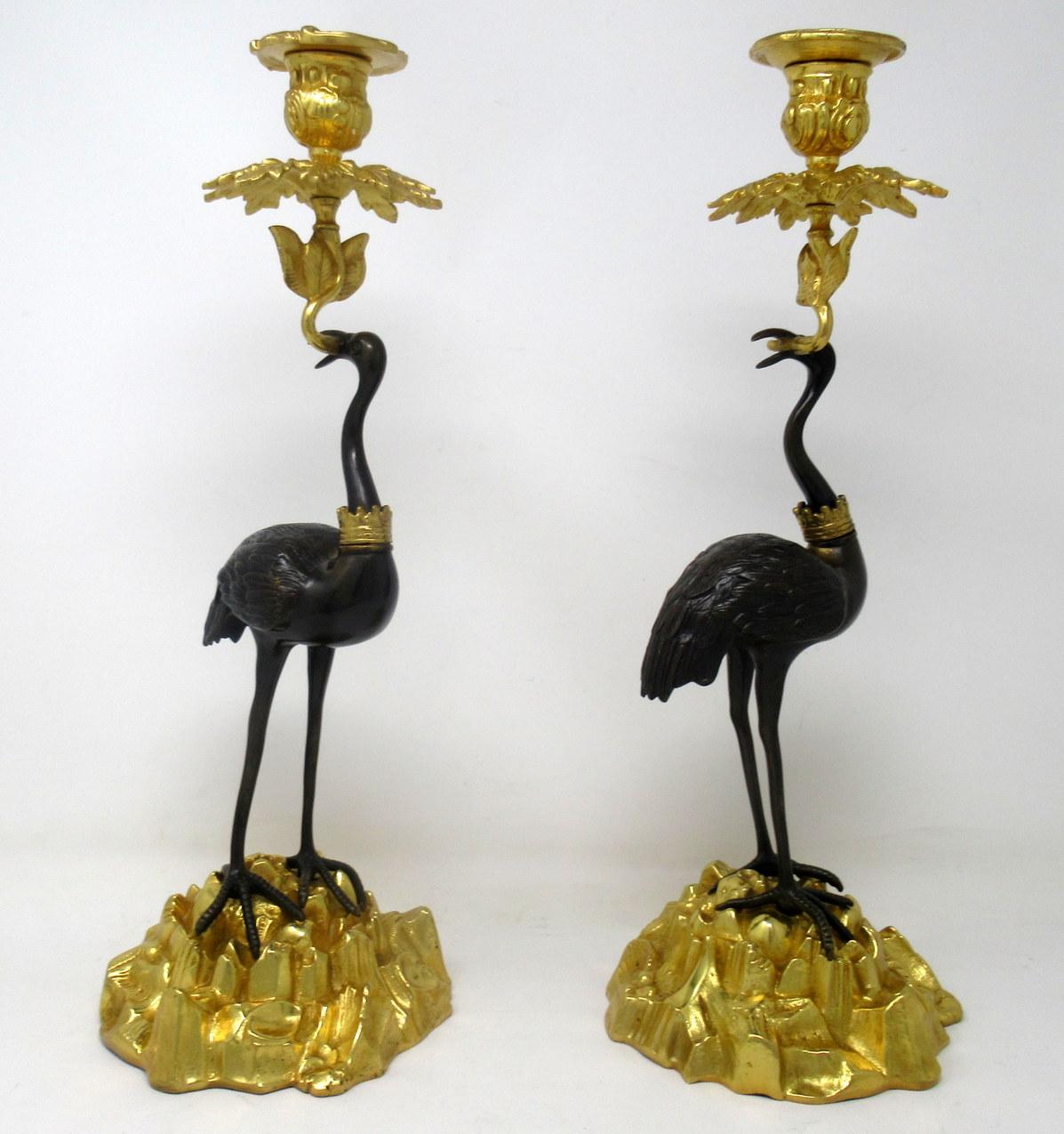 Early Victorian English Ormolu Gilt Bronze Candlesticks Storks Cranes Attributed to Abbott, Pair