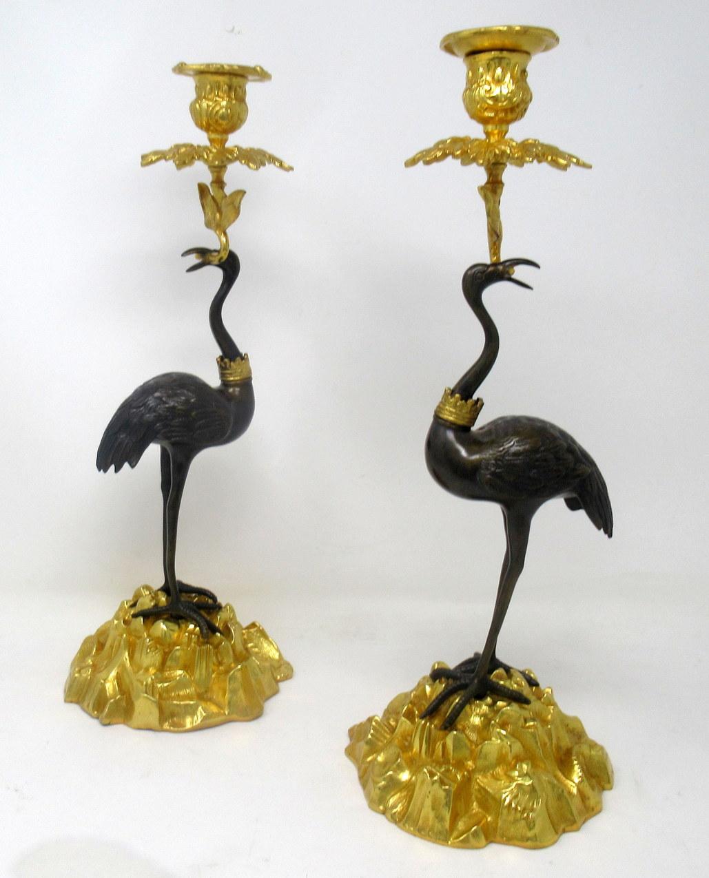 English Ormolu Gilt Bronze Candlesticks Storks Cranes Attributed to Abbott, Pair In Good Condition In Dublin, Ireland