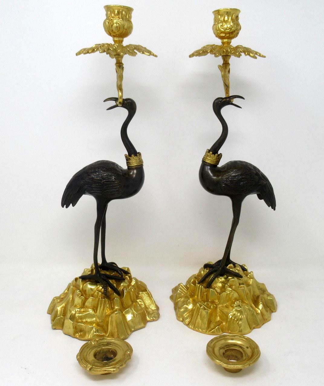 19th Century English Ormolu Gilt Bronze Candlesticks Storks Cranes Attributed to Abbott, Pair