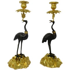English Ormolu Gilt Bronze Candlesticks Storks Cranes Attributed to Abbott, Pair