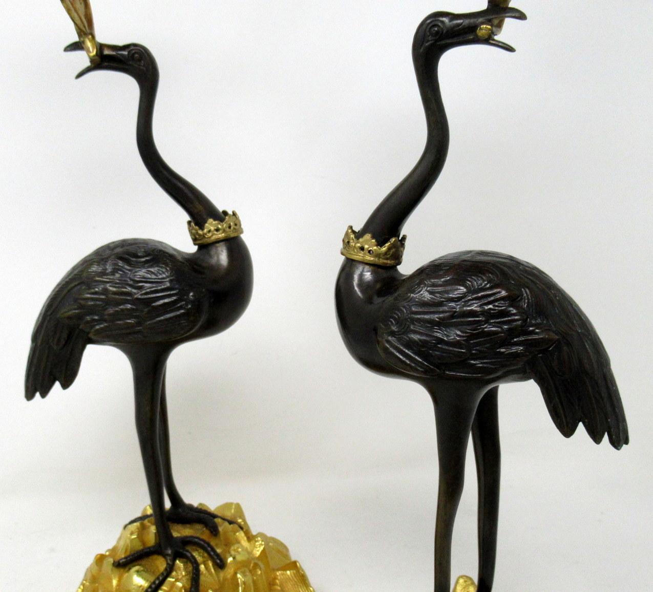 Antique Pair of English Ormolu Gilt Bronze Candlesticks Storks Cranes by Abbott In Good Condition In Dublin, Ireland