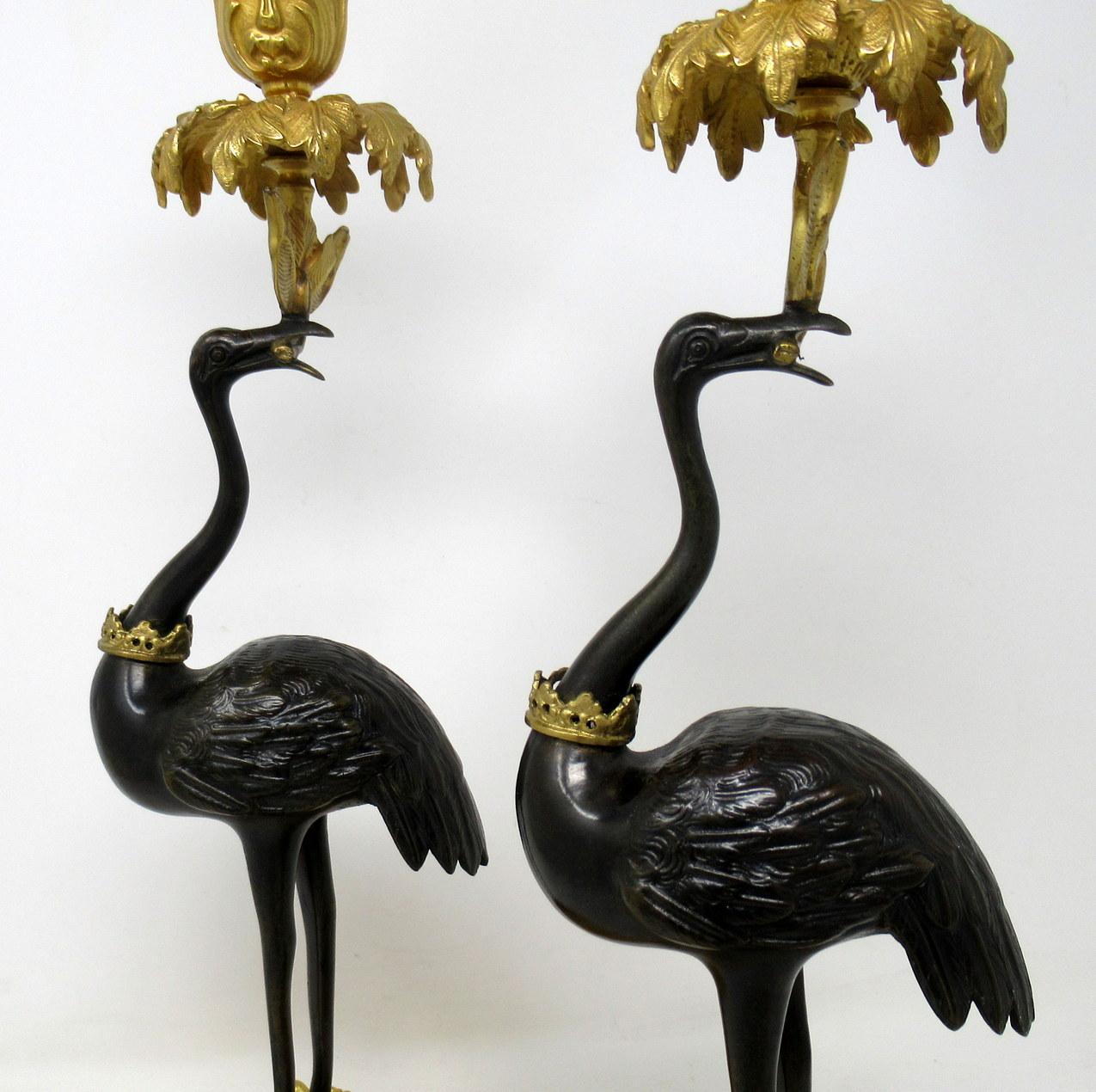 19th Century Antique Pair of English Ormolu Gilt Bronze Candlesticks Storks Cranes by Abbott