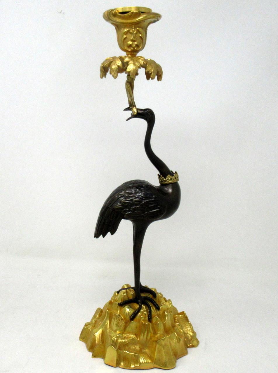 Porcelain Antique Pair of English Ormolu Gilt Bronze Candlesticks Storks Cranes by Abbott