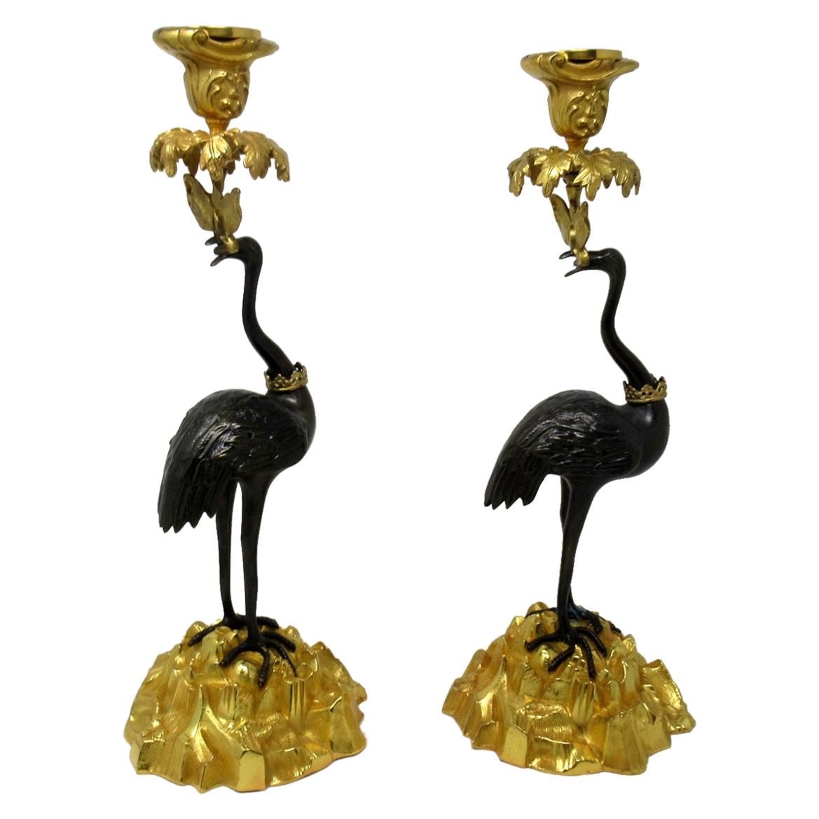 Antique Pair of English Ormolu Gilt Bronze Candlesticks Storks Cranes by Abbott