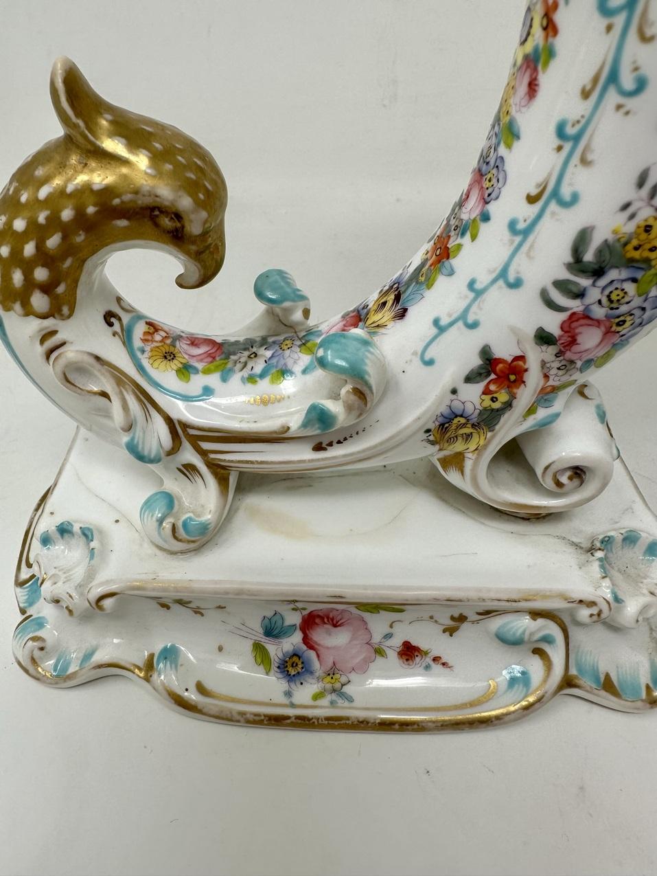 Antique Pair English Porcelain Cornucopia Vases Still Life Flowers Rockingham For Sale 3