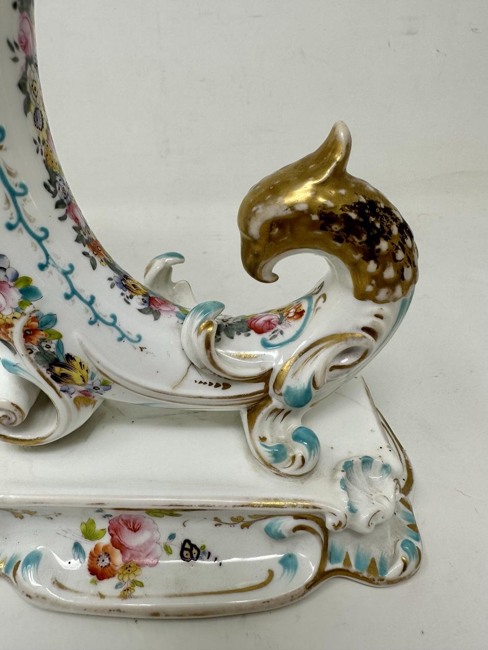 Antique Pair English Porcelain Cornucopia Vases Still Life Flowers Rockingham For Sale 5