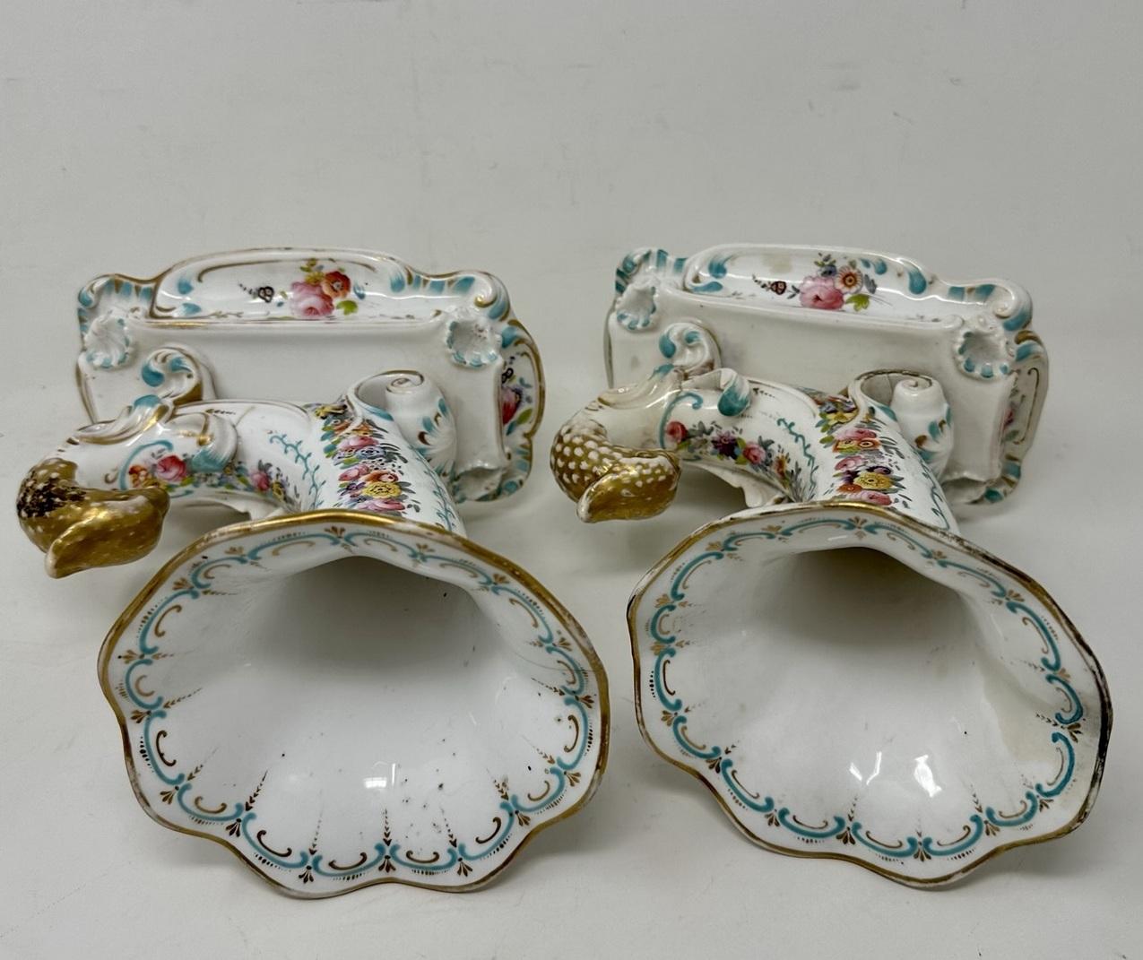 Antique Pair English Porcelain Cornucopia Vases Still Life Flowers Rockingham For Sale 6