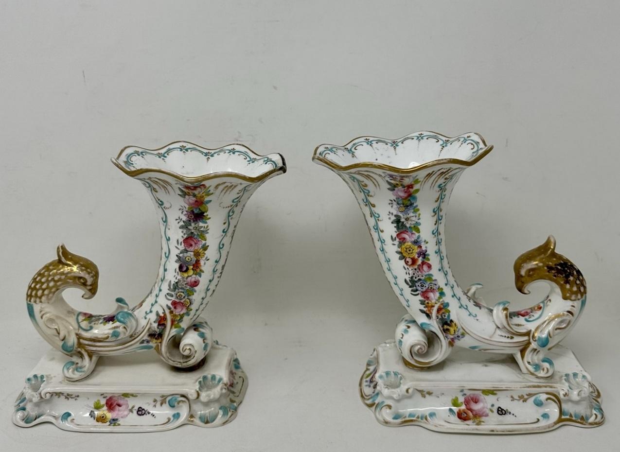 Early Victorian Antique Pair English Porcelain Cornucopia Vases Still Life Flowers Rockingham For Sale