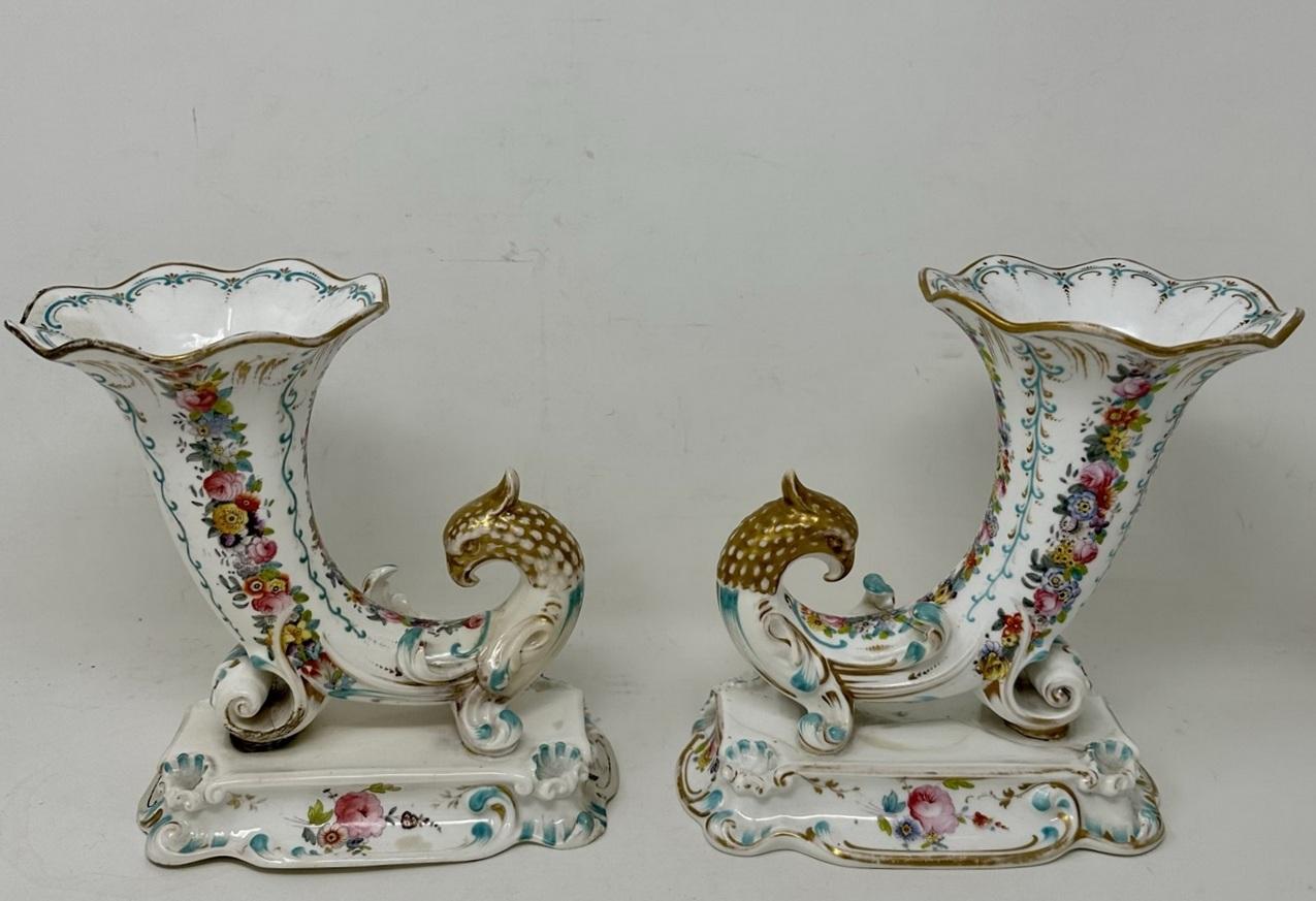 British Antique Pair English Porcelain Cornucopia Vases Still Life Flowers Rockingham For Sale