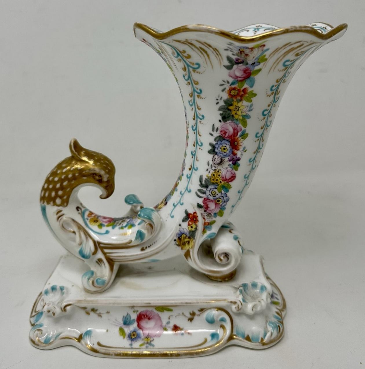 19th Century Antique Pair English Porcelain Cornucopia Vases Still Life Flowers Rockingham For Sale