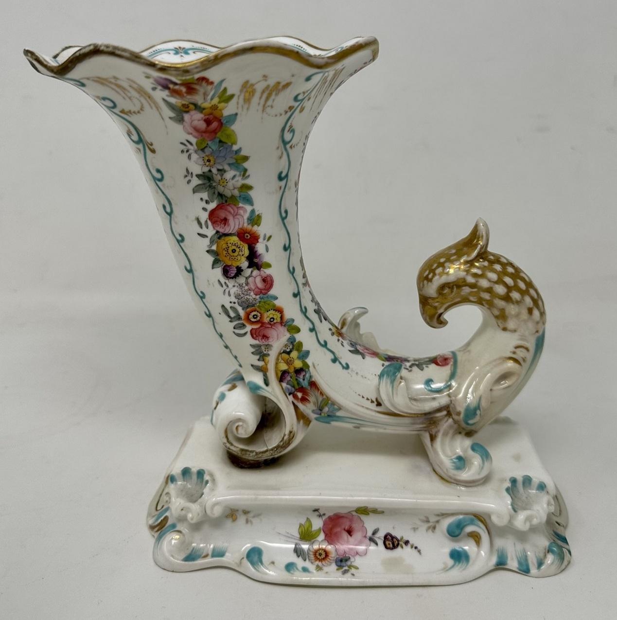 Ceramic Antique Pair English Porcelain Cornucopia Vases Still Life Flowers Rockingham For Sale