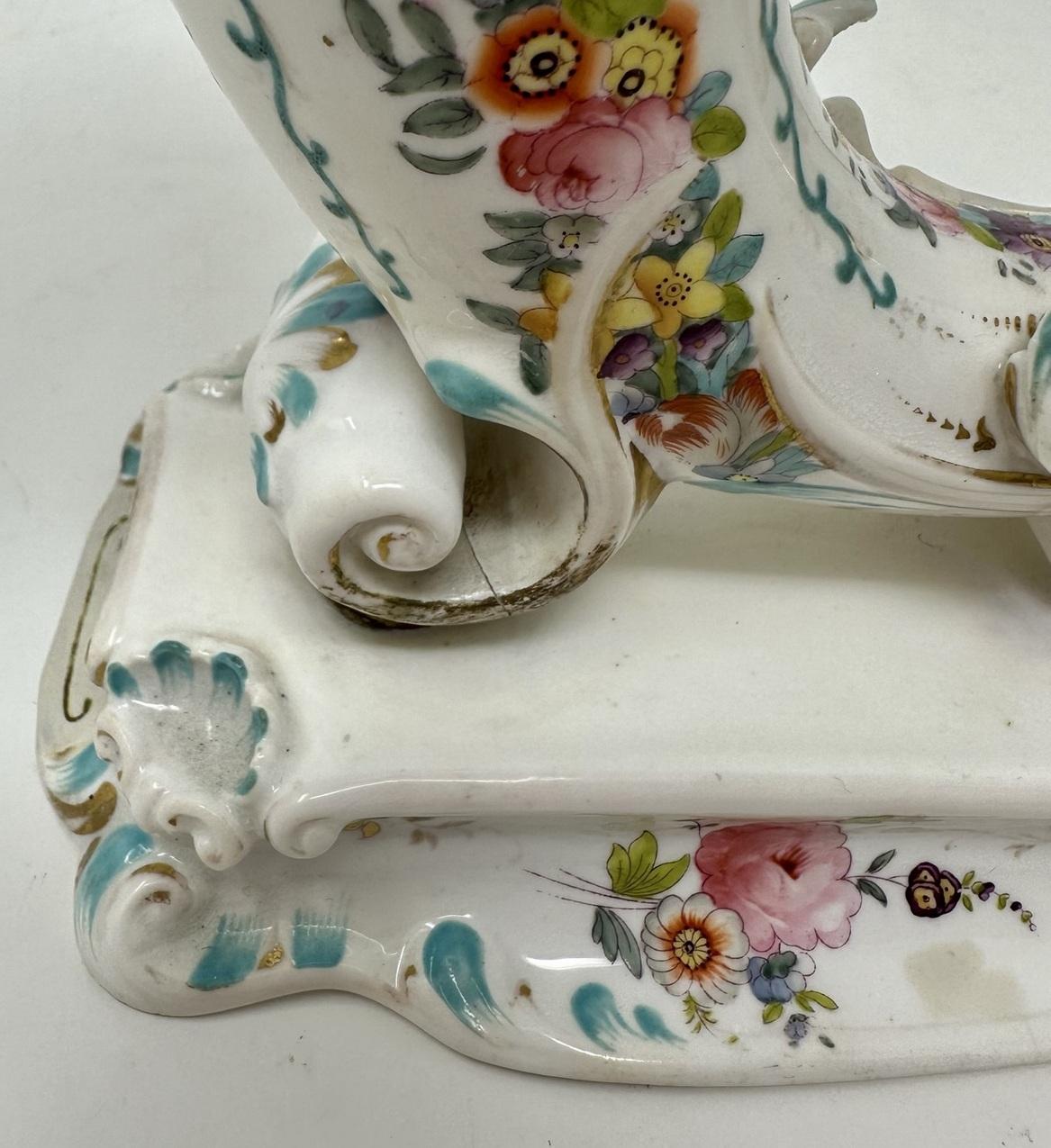 Antique Pair English Porcelain Cornucopia Vases Still Life Flowers Rockingham For Sale 1