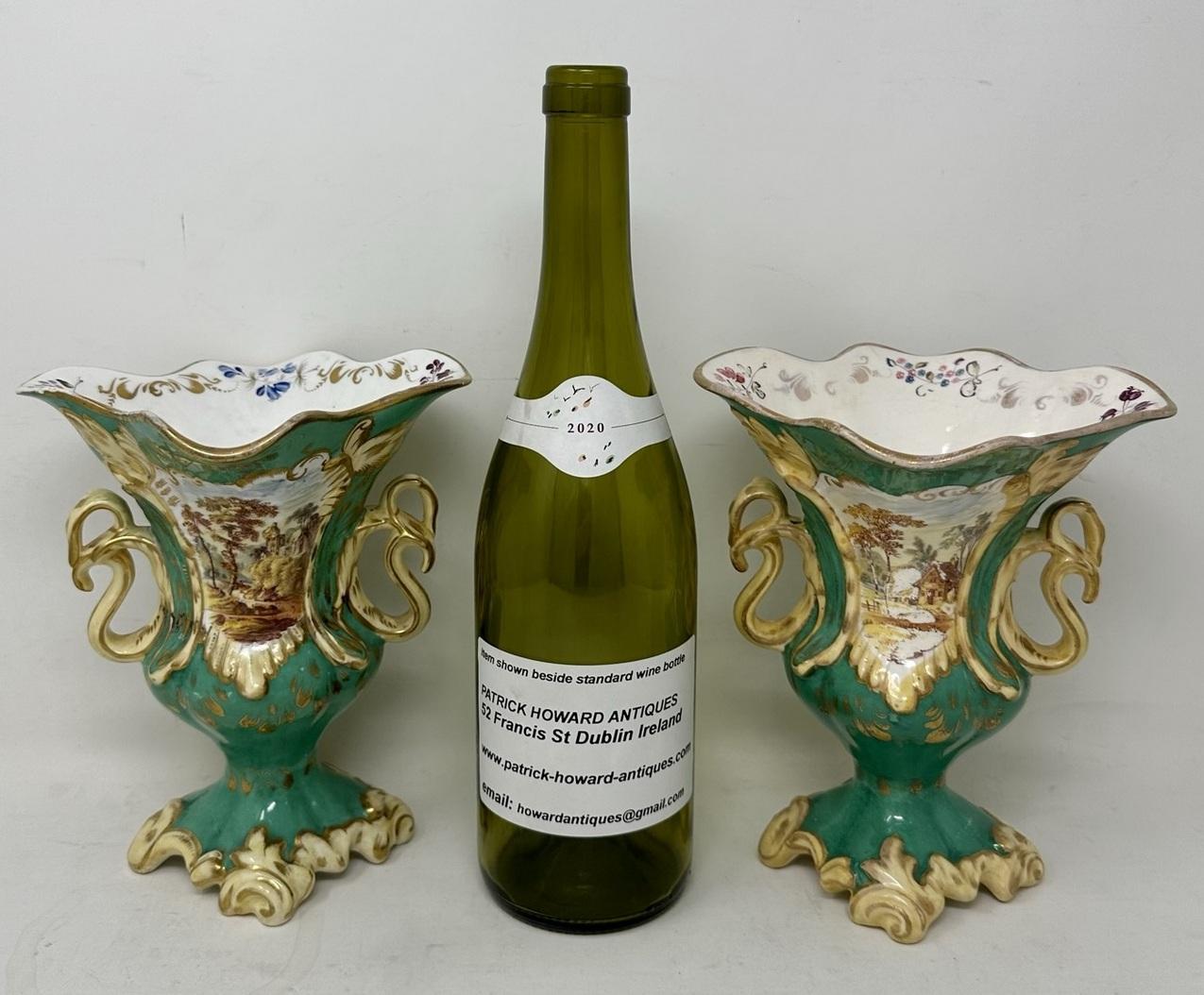 Antique Pair English Porcelain Green Samuel Alcock Vases Urns Still Life Flower  For Sale 5