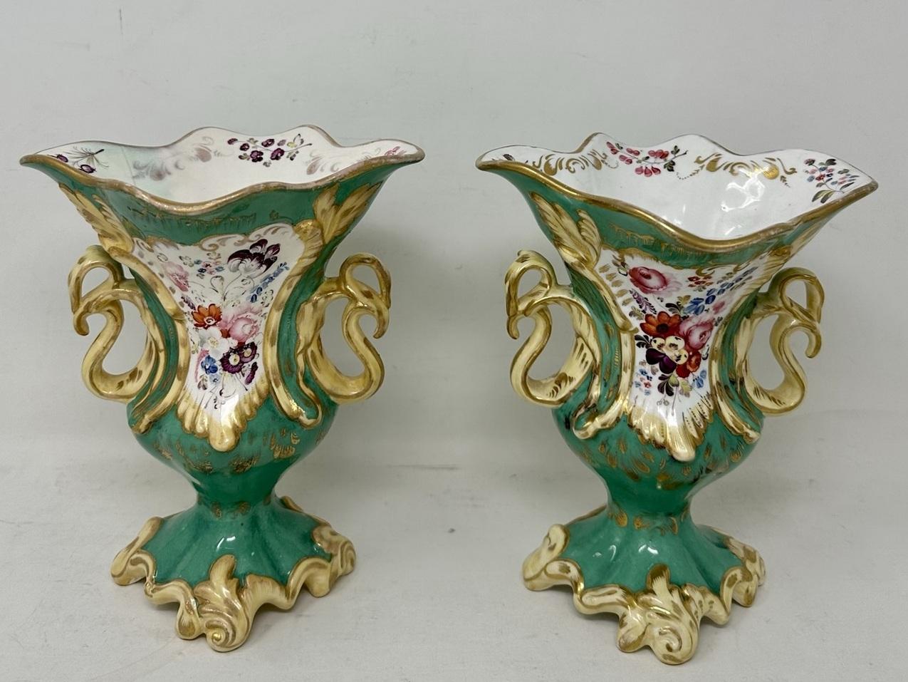 Rococo Revival Antique Pair English Porcelain Green Samuel Alcock Vases Urns Still Life Flower  For Sale
