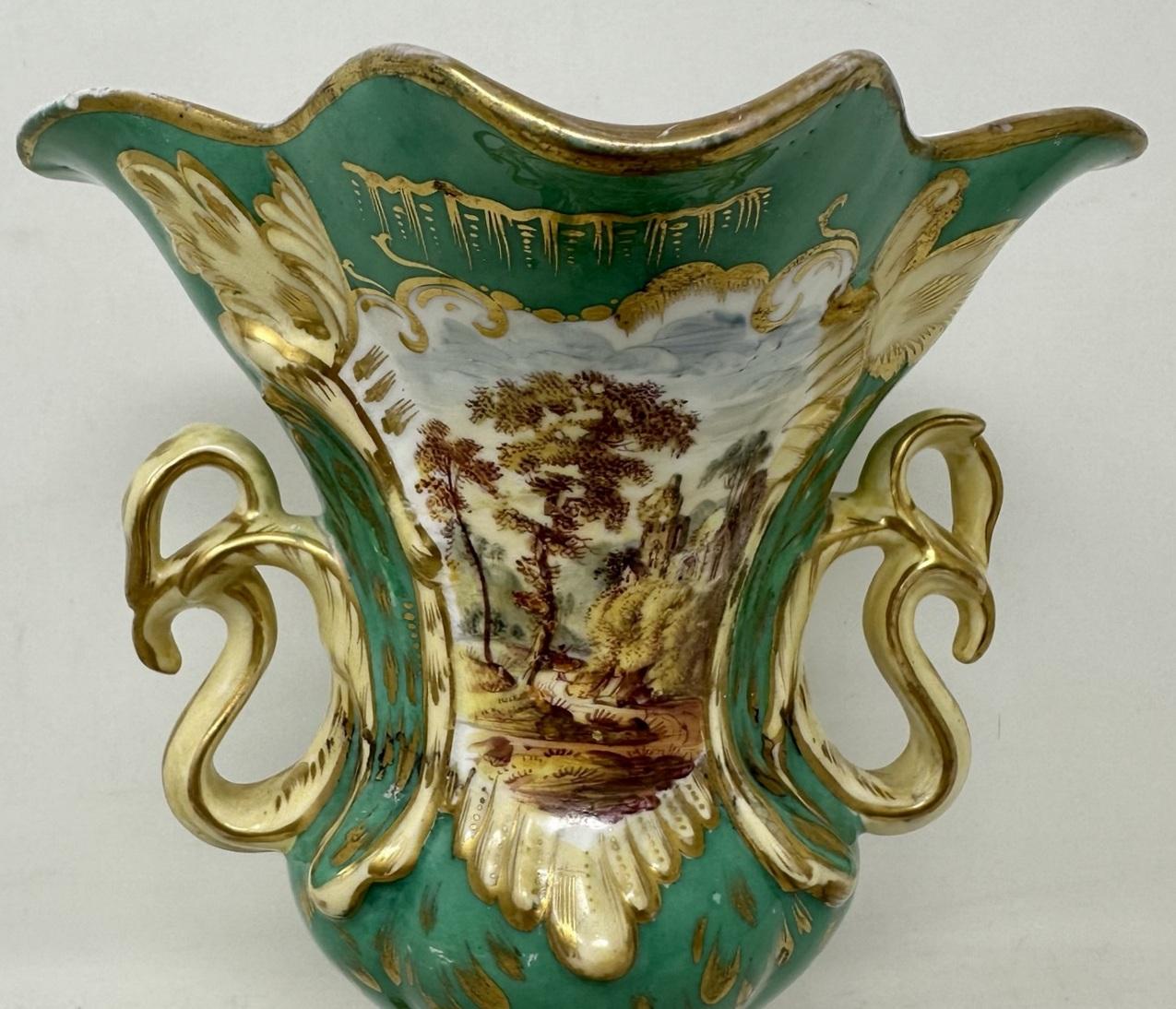 Antique Pair English Porcelain Green Samuel Alcock Vases Urns Still Life Flower  In Good Condition For Sale In Dublin, Ireland
