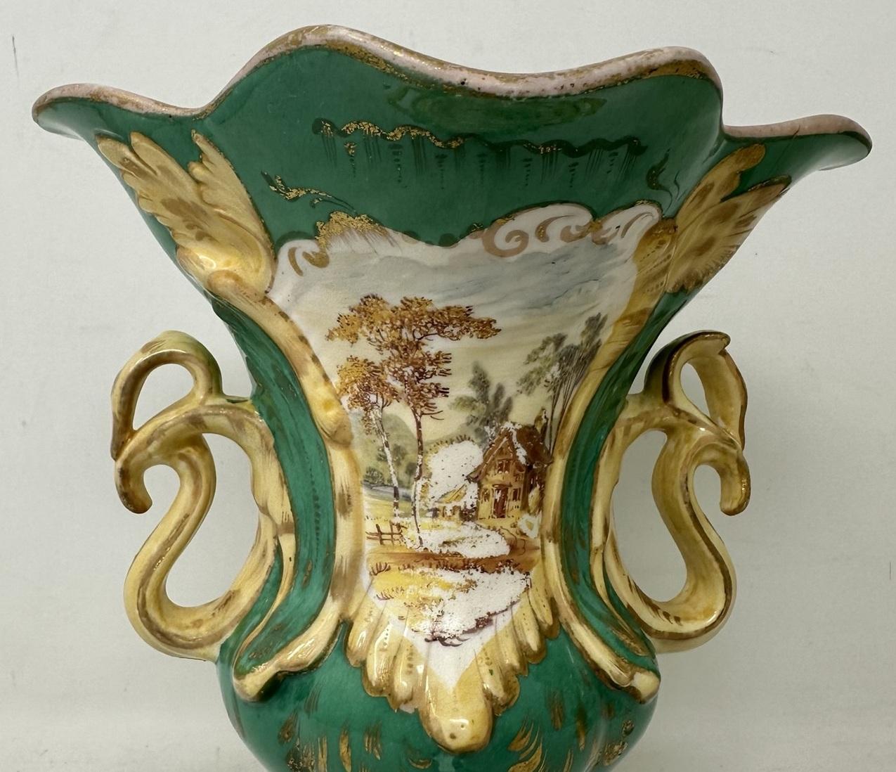 19th Century Antique Pair English Porcelain Green Samuel Alcock Vases Urns Still Life Flower  For Sale