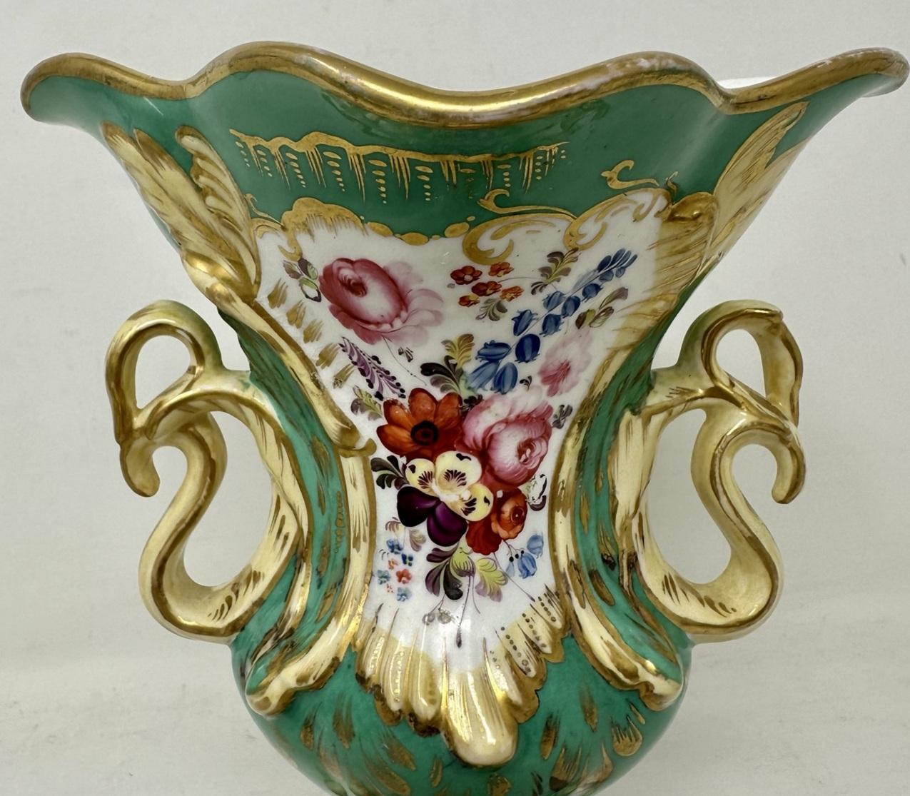 Ceramic Antique Pair English Porcelain Green Samuel Alcock Vases Urns Still Life Flower  For Sale