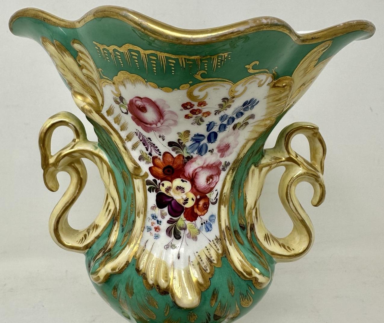 Antique Pair English Porcelain Green Samuel Alcock Vases Urns Still Life Flower  For Sale 1